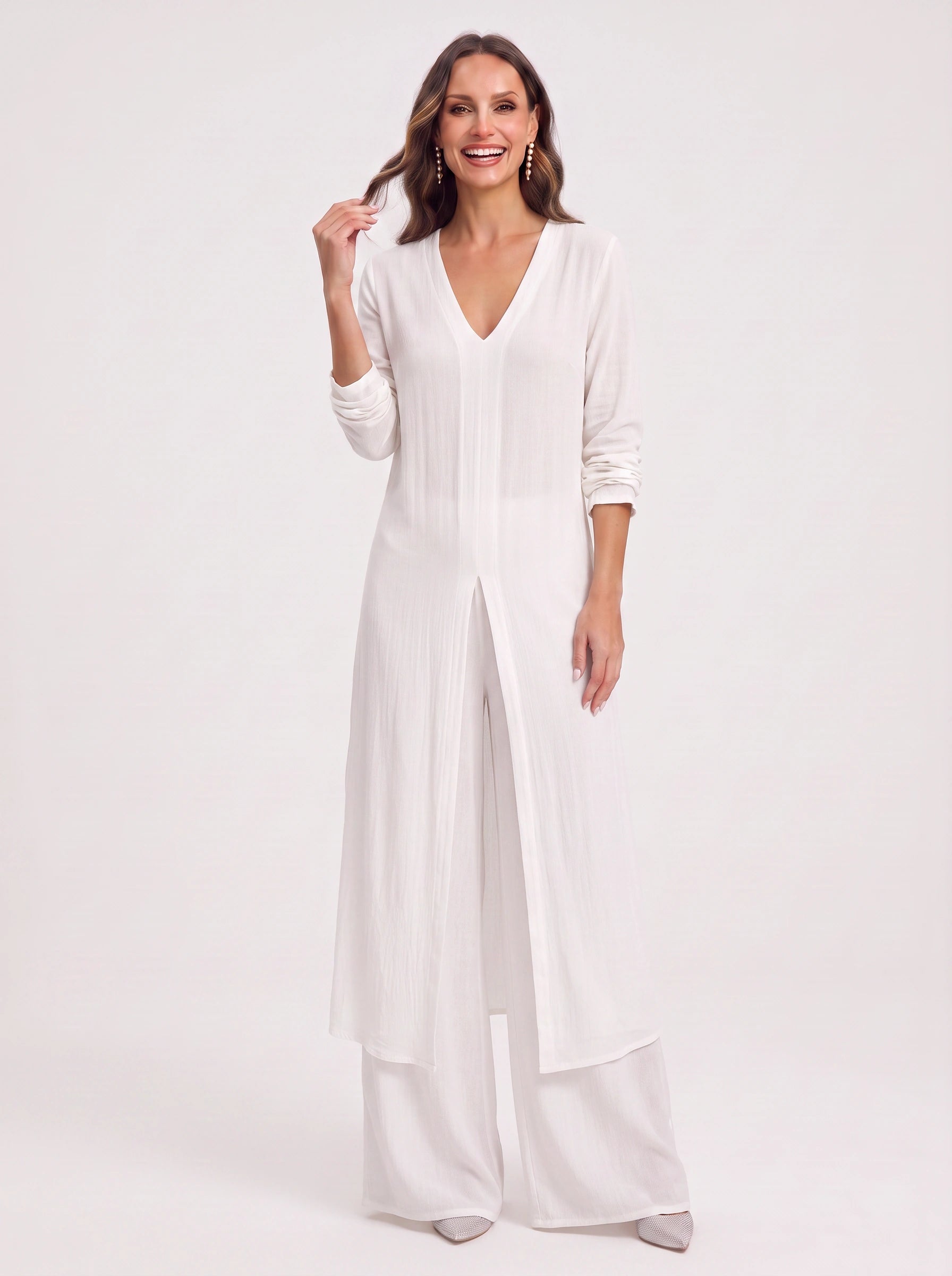 Navisse V-Neck Wide-Leg Lounge Set – Women Summer Resort Casual Deep V Neck Top Co-Ord Wide Leg Pants Set