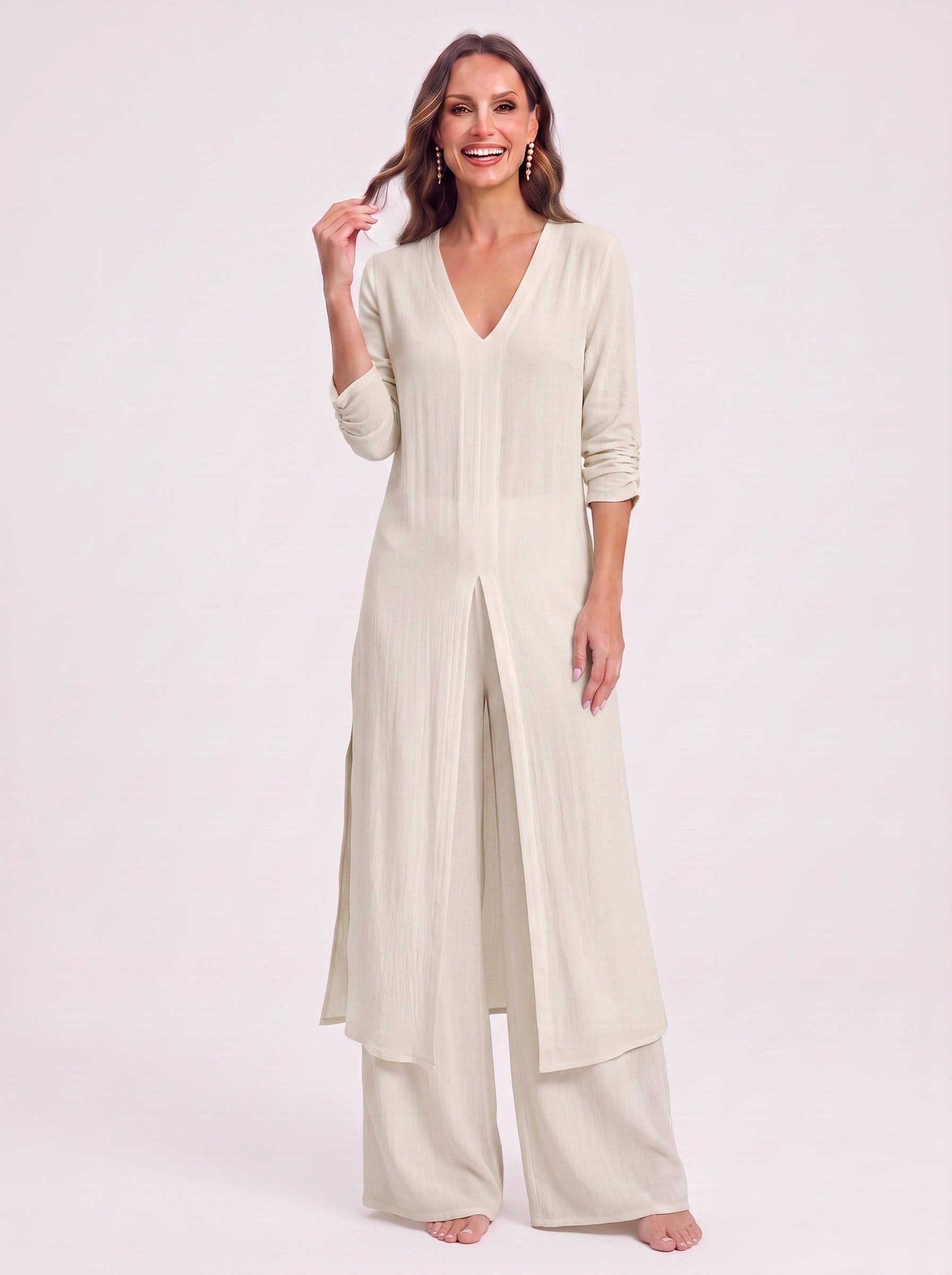 Navisse V-Neck Wide-Leg Lounge Set – Women Summer Resort Casual Deep V Neck Top Co-Ord Wide Leg Pants Set