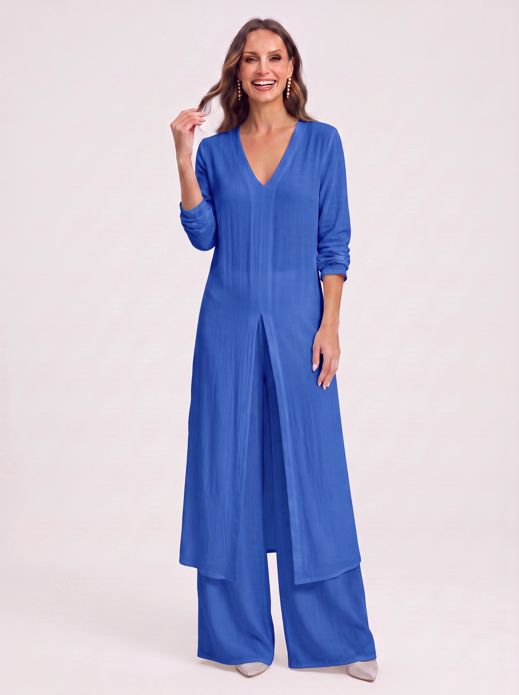 Navisse V-Neck Wide-Leg Lounge Set – Women Summer Resort Casual Deep V Neck Top Co-Ord Wide Leg Pants Set