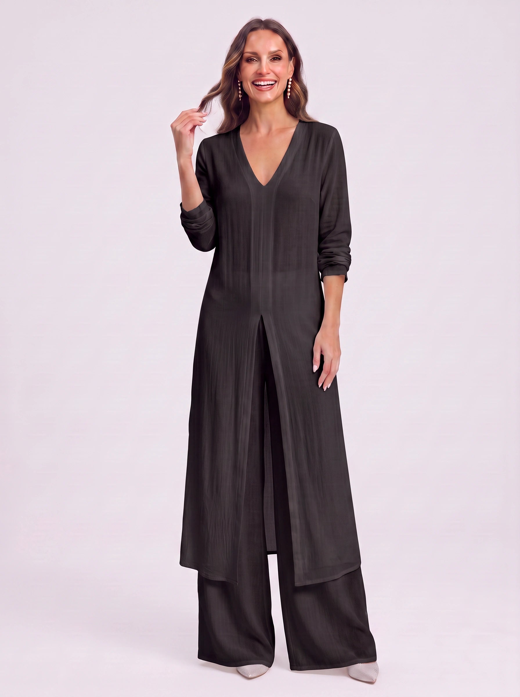 Navisse V-Neck Wide-Leg Lounge Set – Women Summer Resort Casual Deep V Neck Top Co-Ord Wide Leg Pants Set