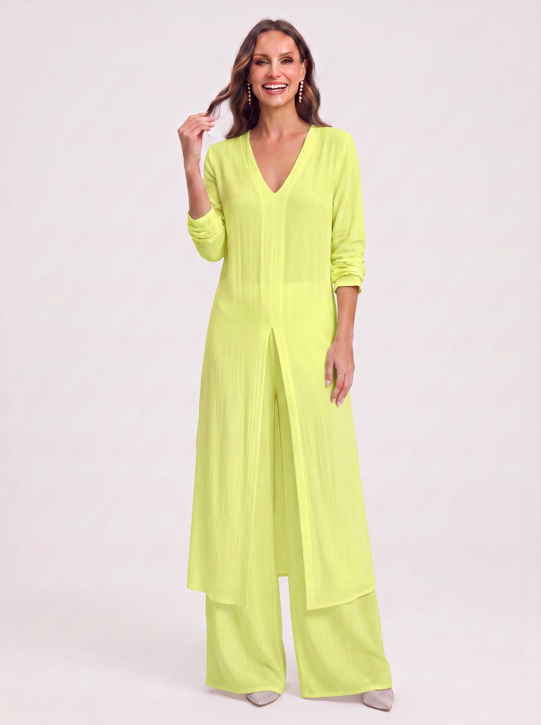 Navisse V-Neck Wide-Leg Lounge Set – Women Summer Resort Casual Deep V Neck Top Co-Ord Wide Leg Pants Set