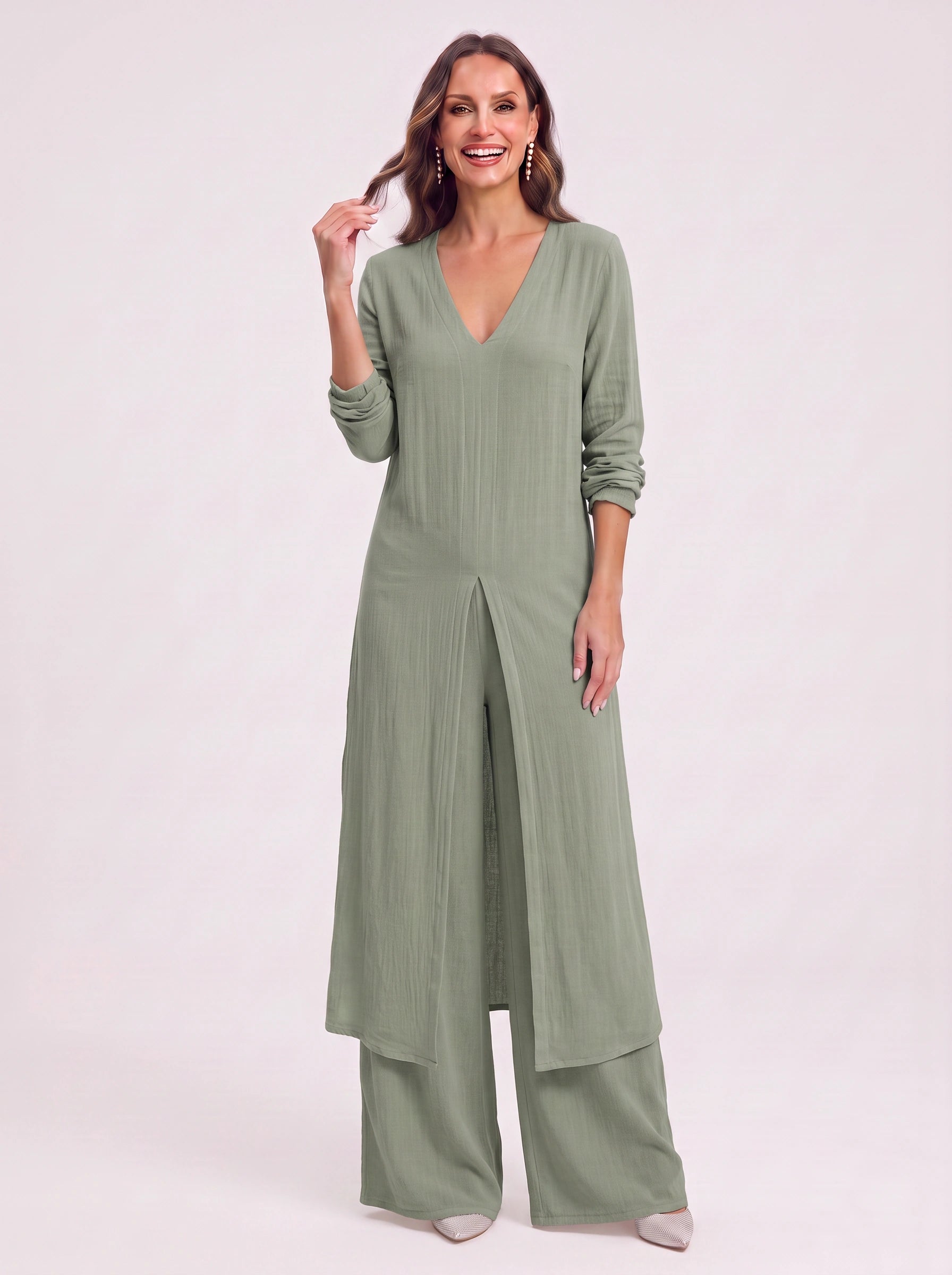 Navisse V-Neck Wide-Leg Lounge Set – Women Summer Resort Casual Deep V Neck Top Co-Ord Wide Leg Pants Set