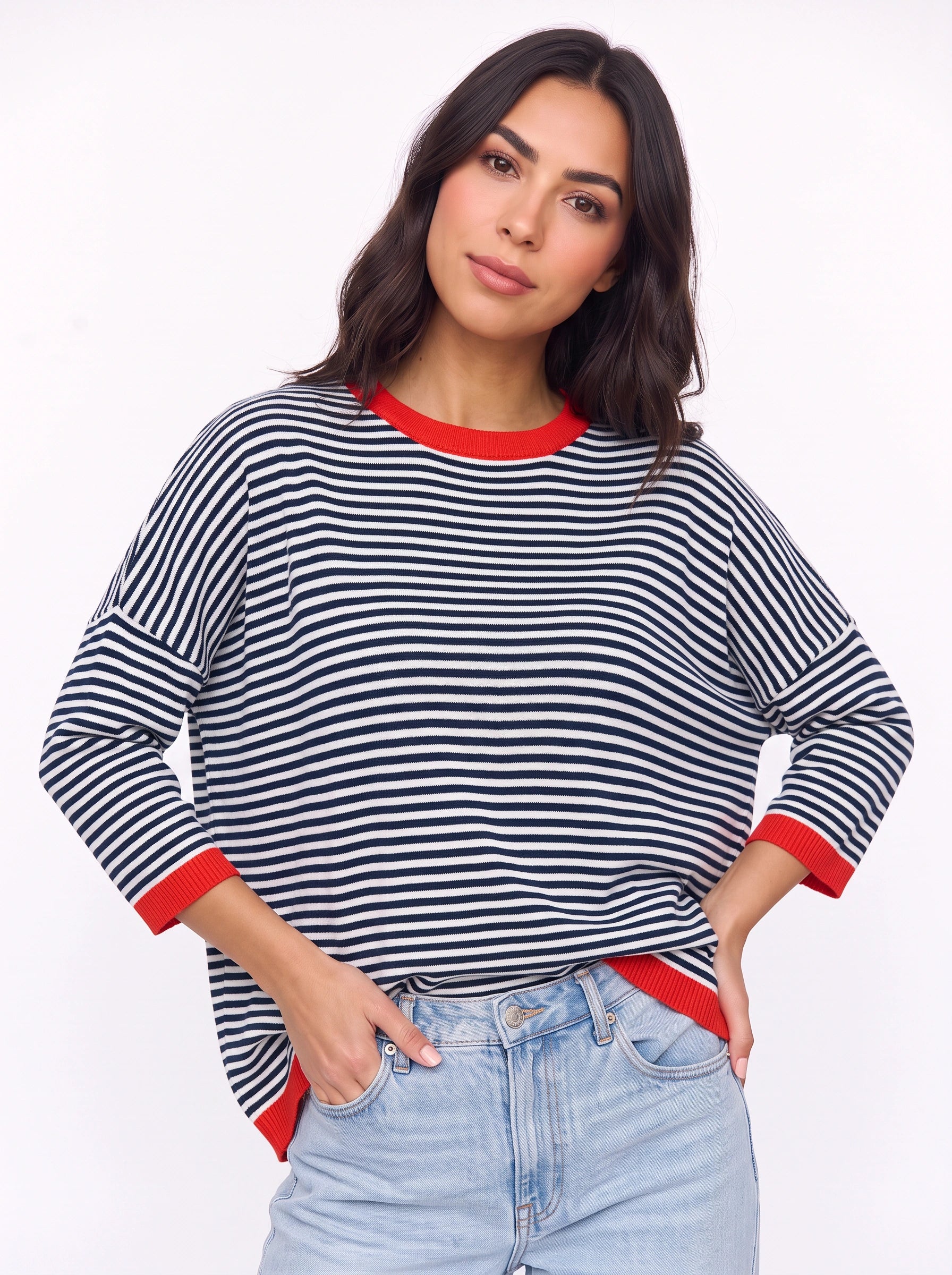 Rigatto Striped Knit Sweater – Women Casual Drop Shoulder Contrast Trim Chunky Knit Striped Sweater