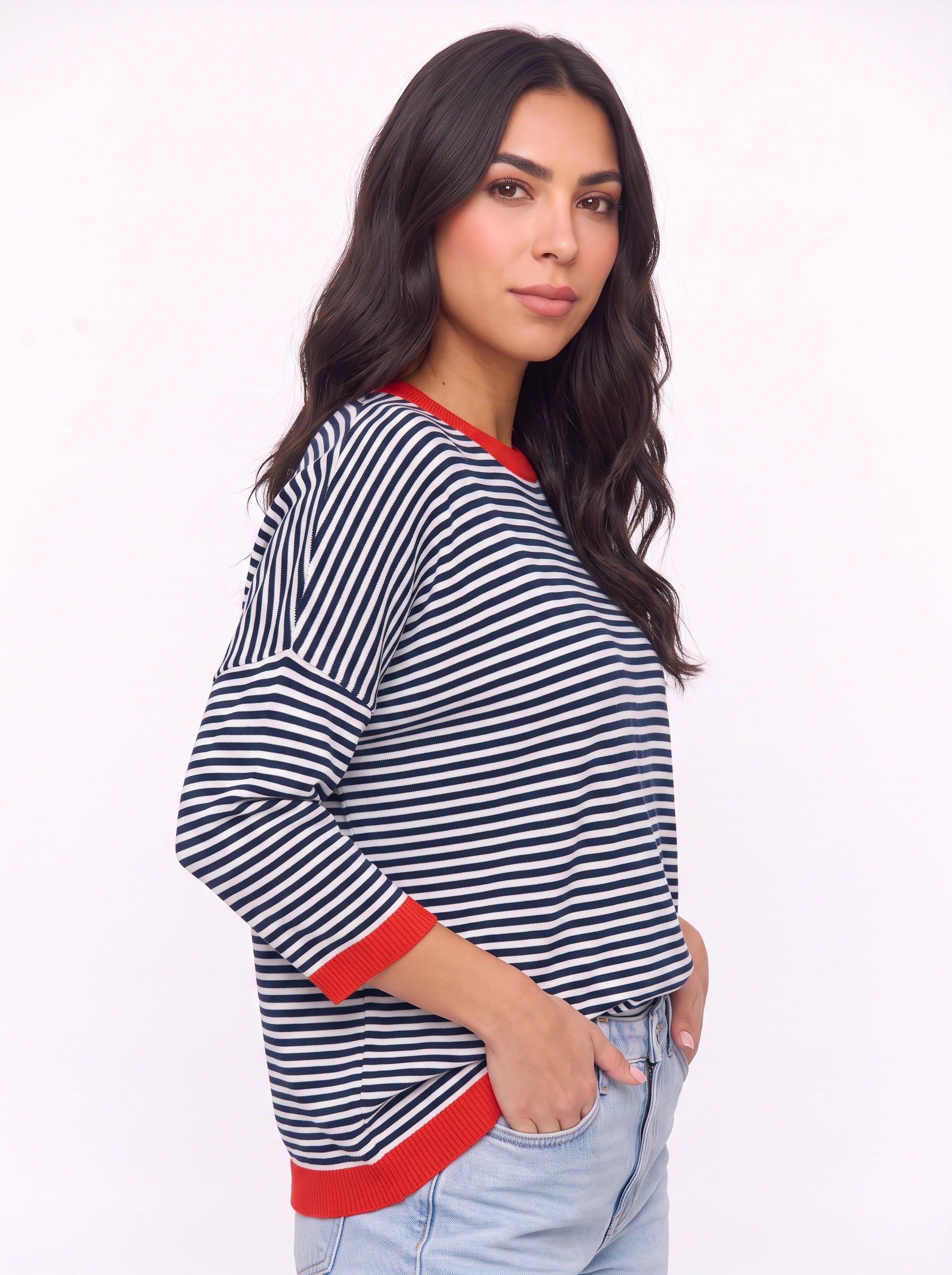 Rigatto Striped Knit Sweater – Women Casual Drop Shoulder Contrast Trim Chunky Knit Striped Sweater