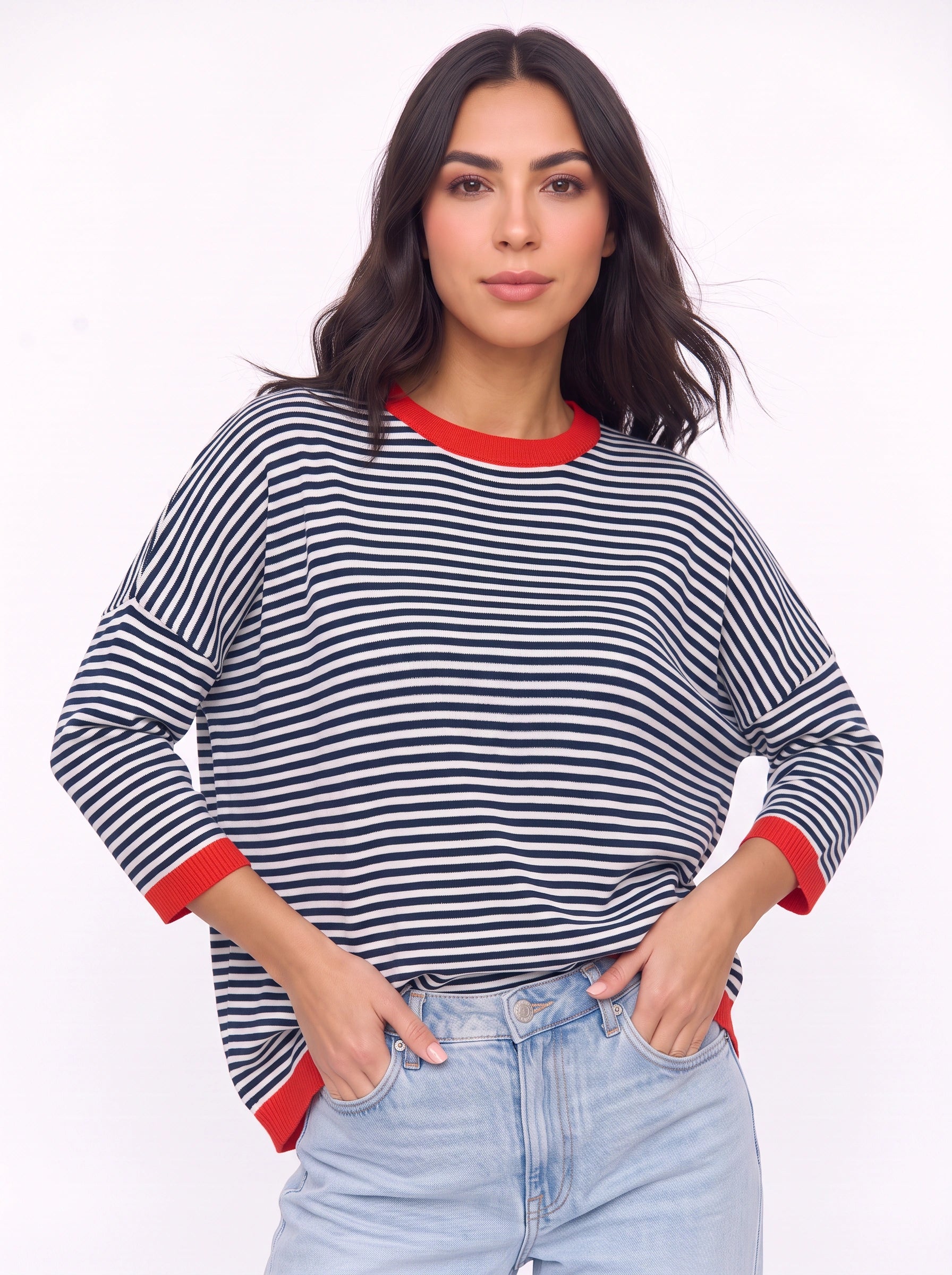Rigatto Striped Knit Sweater – Women Casual Drop Shoulder Contrast Trim Chunky Knit Striped Sweater