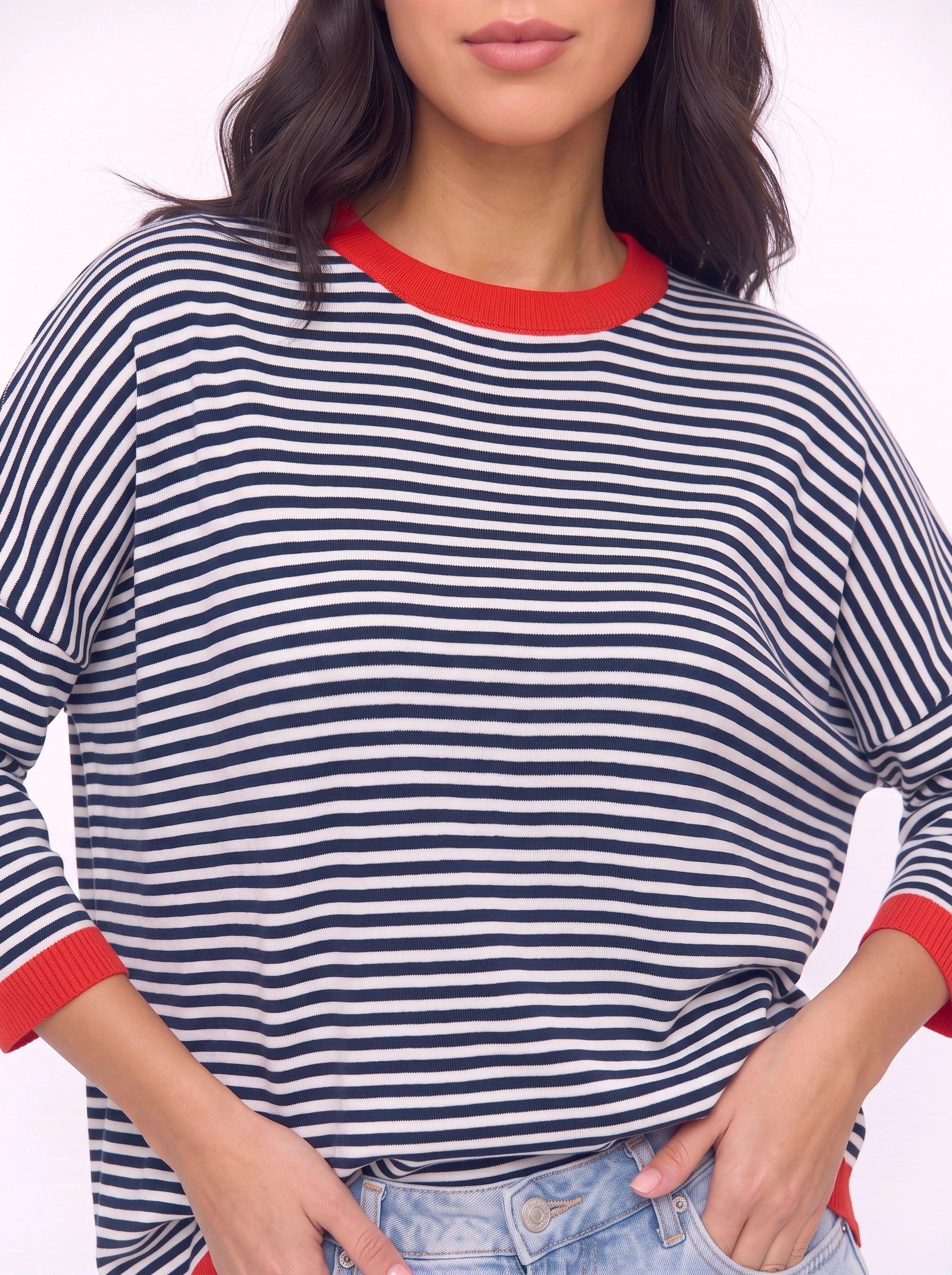 Rigatto Striped Knit Sweater – Women Casual Drop Shoulder Contrast Trim Chunky Knit Striped Sweater