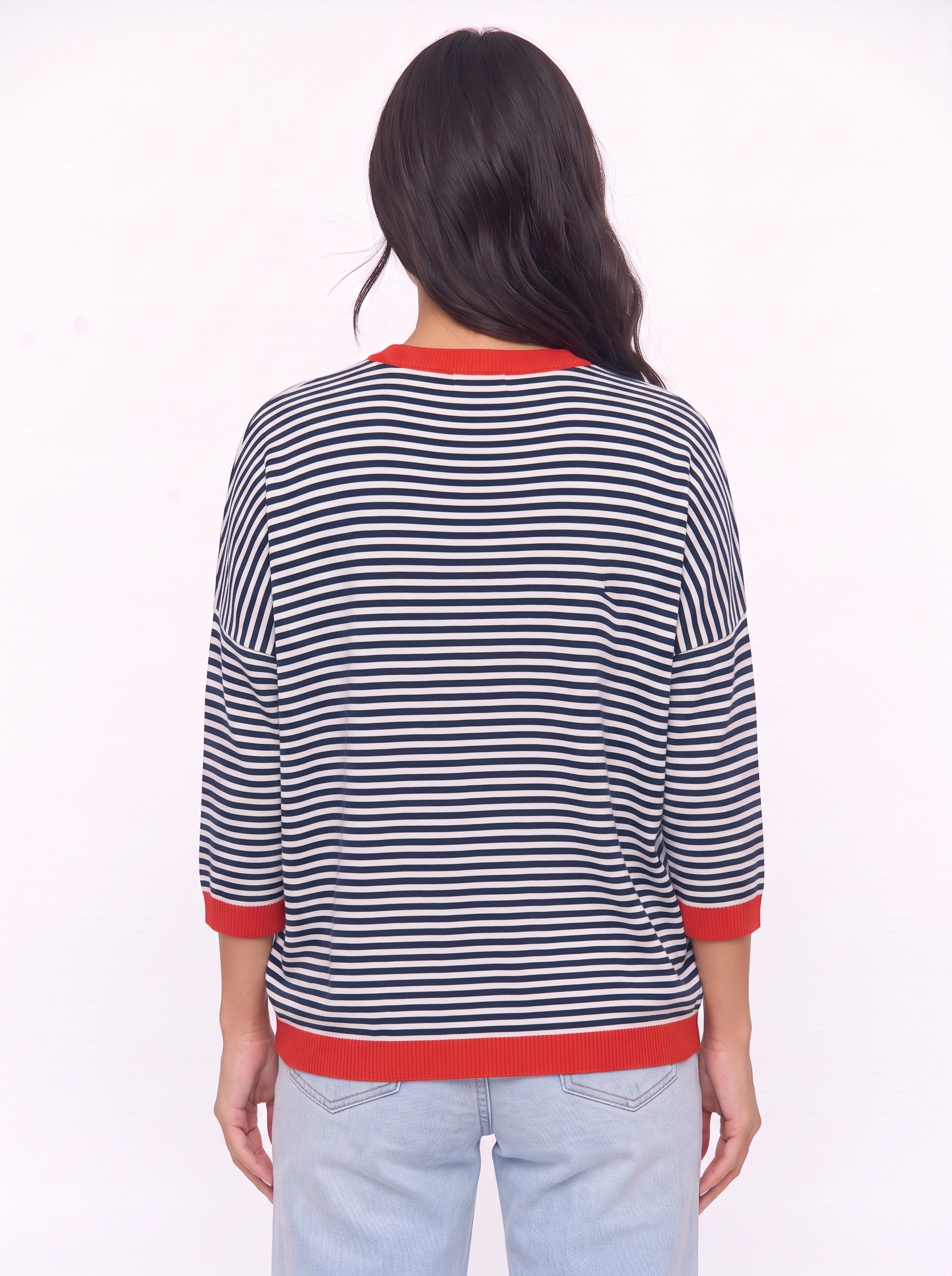 Rigatto Striped Knit Sweater – Women Casual Drop Shoulder Contrast Trim Chunky Knit Striped Sweater
