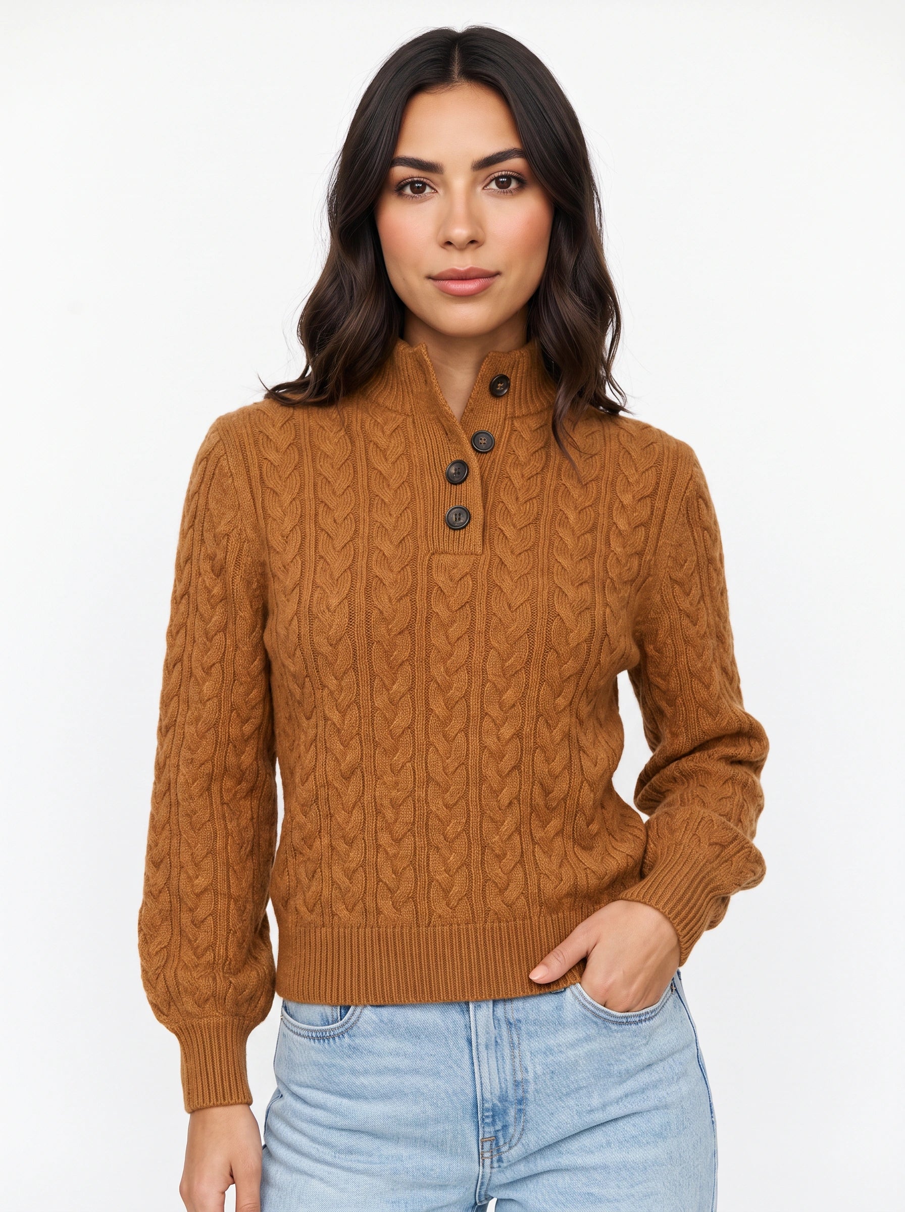 Trecci Cable Knit Mock Neck Sweater – Women Henley Button Pullover Casual Winter Office Knit Sweater