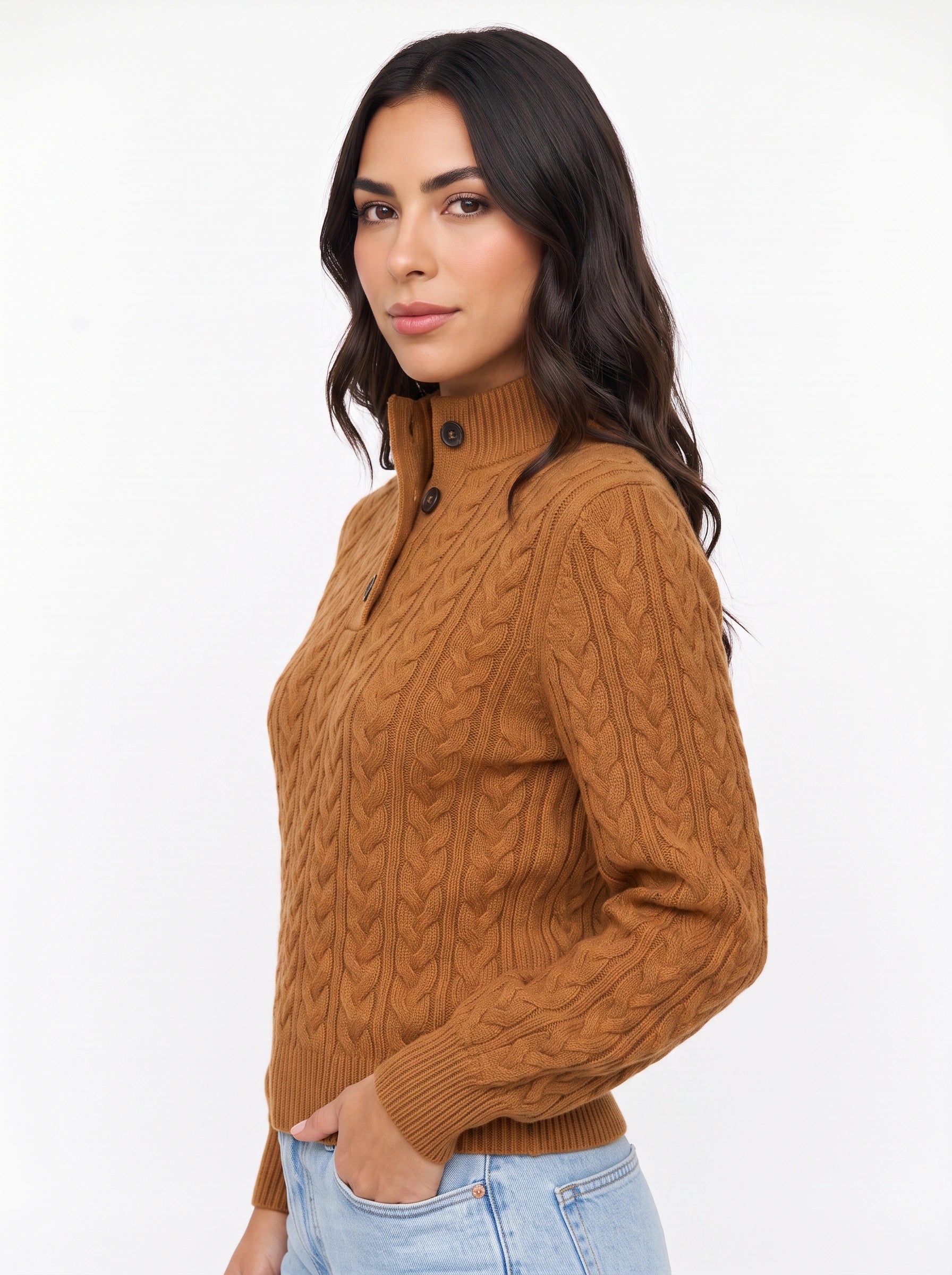 Trecci Cable Knit Mock Neck Sweater – Women Henley Button Pullover Casual Winter Office Knit Sweater