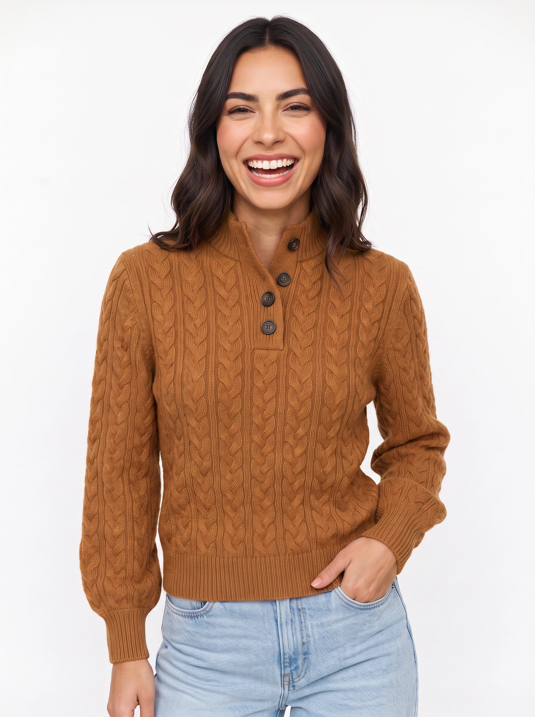 Trecci Cable Knit Mock Neck Sweater – Women Henley Button Pullover Casual Winter Office Knit Sweater