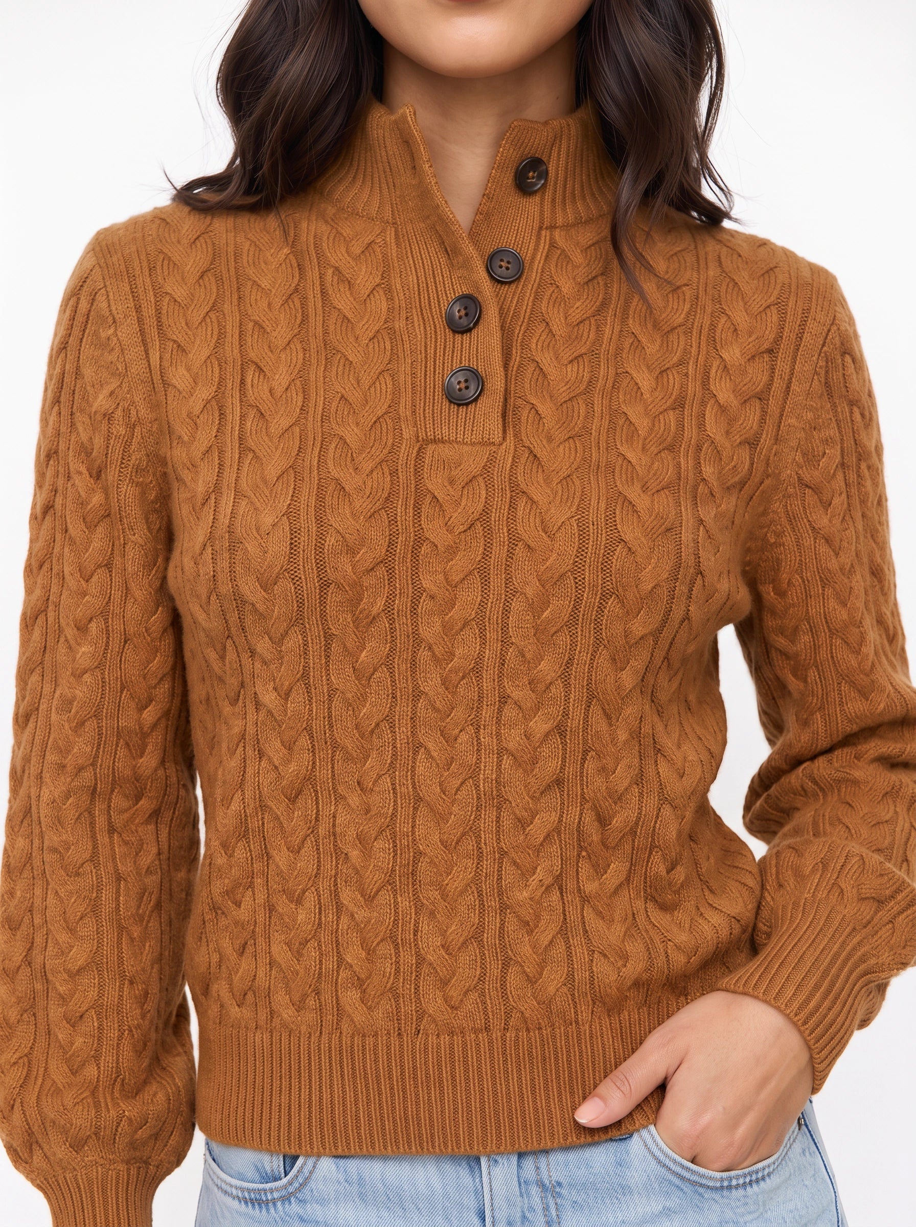 Trecci Cable Knit Mock Neck Sweater – Women Henley Button Pullover Casual Winter Office Knit Sweater