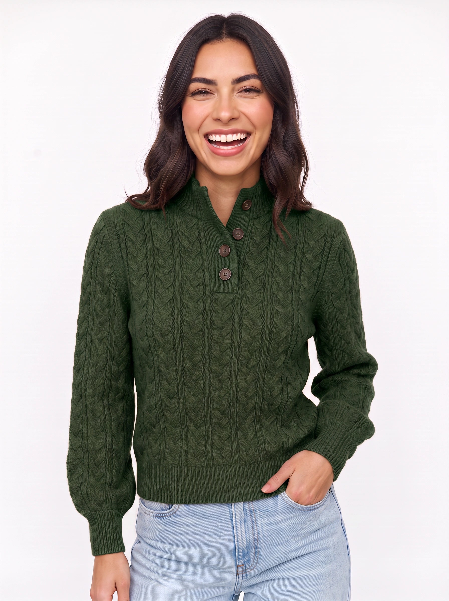 Trecci Cable Knit Mock Neck Sweater – Women Henley Button Pullover Casual Winter Office Knit Sweater