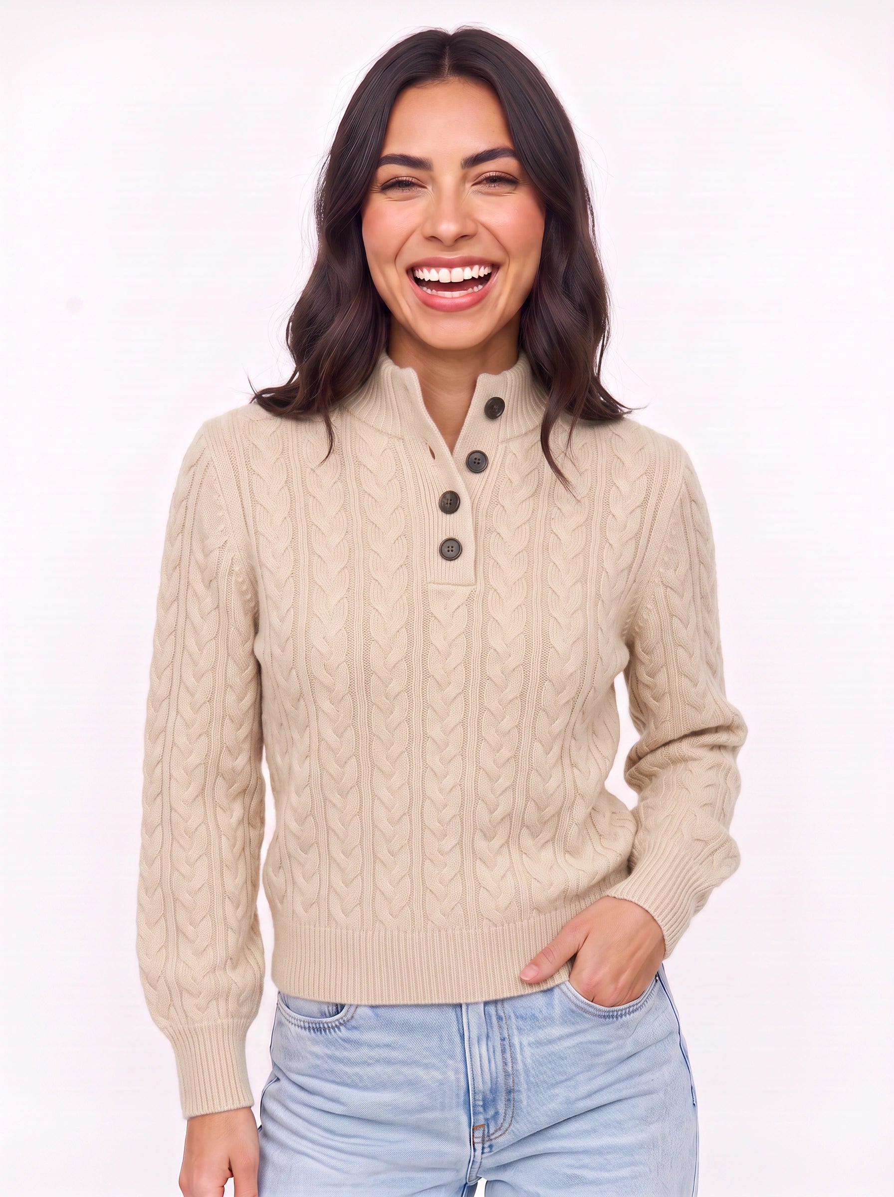 Trecci Cable Knit Mock Neck Sweater – Women Henley Button Pullover Casual Winter Office Knit Sweater