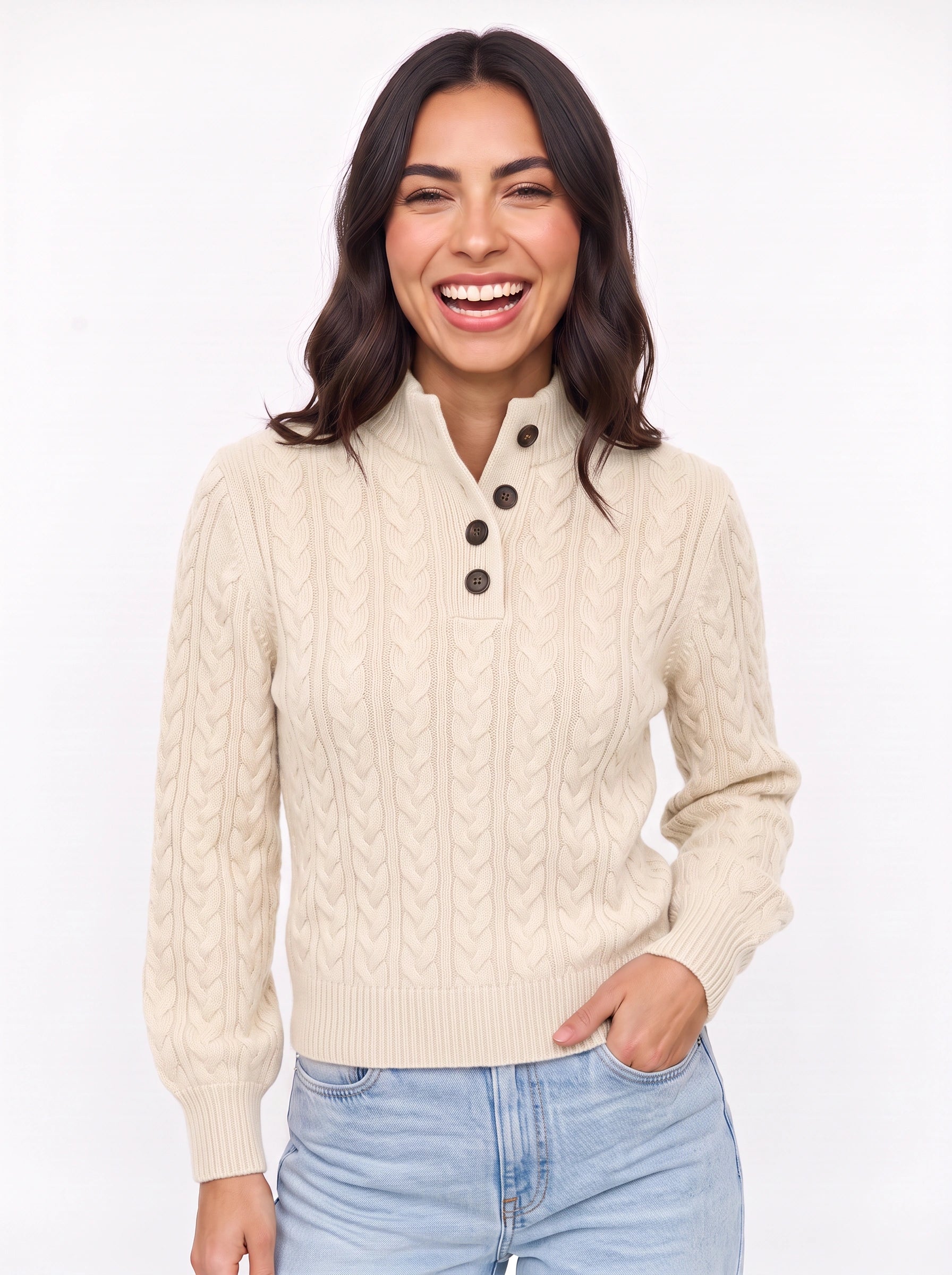 Trecci Cable Knit Mock Neck Sweater – Women Henley Button Pullover Casual Winter Office Knit Sweater