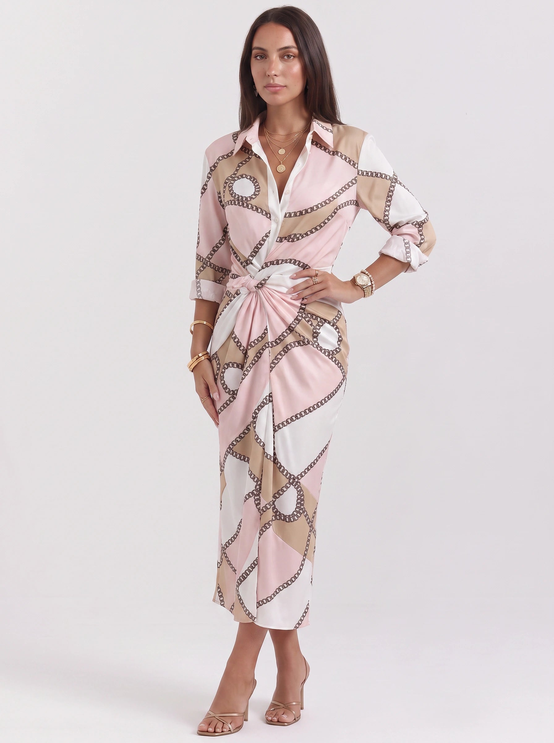 Cadenara Chain Print Wrap Midi Dress – Collared V-Neck Women Summer Vacation Shirt Dress Ladies Casual Midi