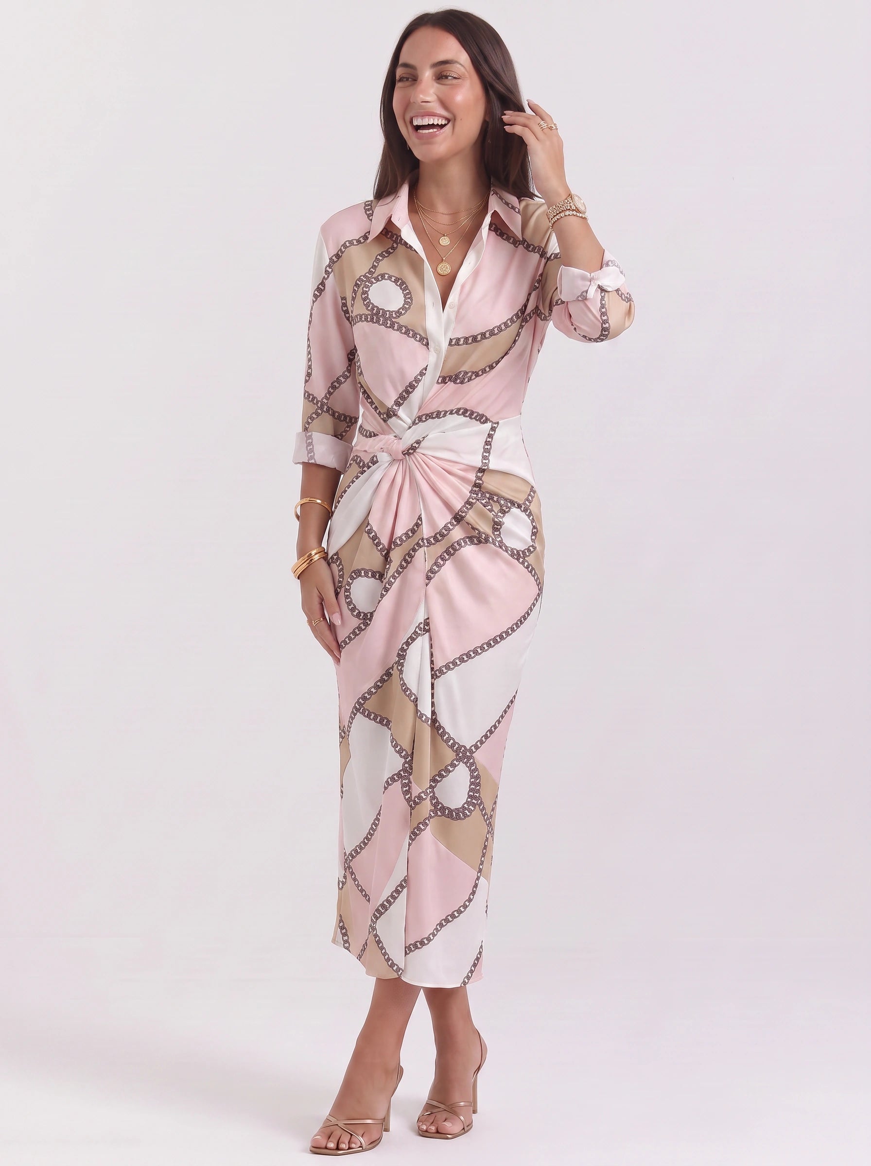 Cadenara Chain Print Wrap Midi Dress – Collared V-Neck Women Summer Vacation Shirt Dress Ladies Casual Midi