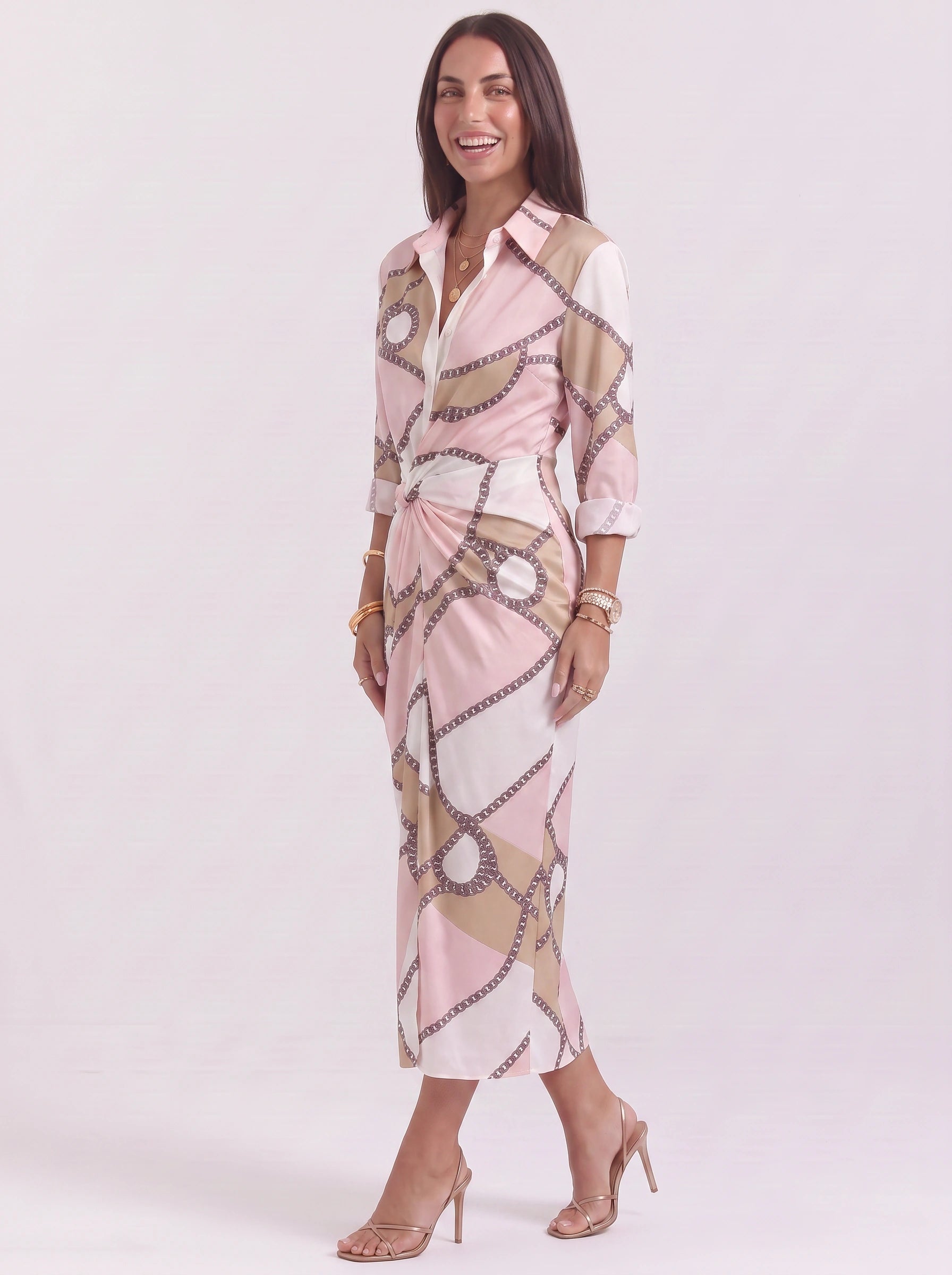 Cadenara Chain Print Wrap Midi Dress – Collared V-Neck Women Summer Vacation Shirt Dress Ladies Casual Midi