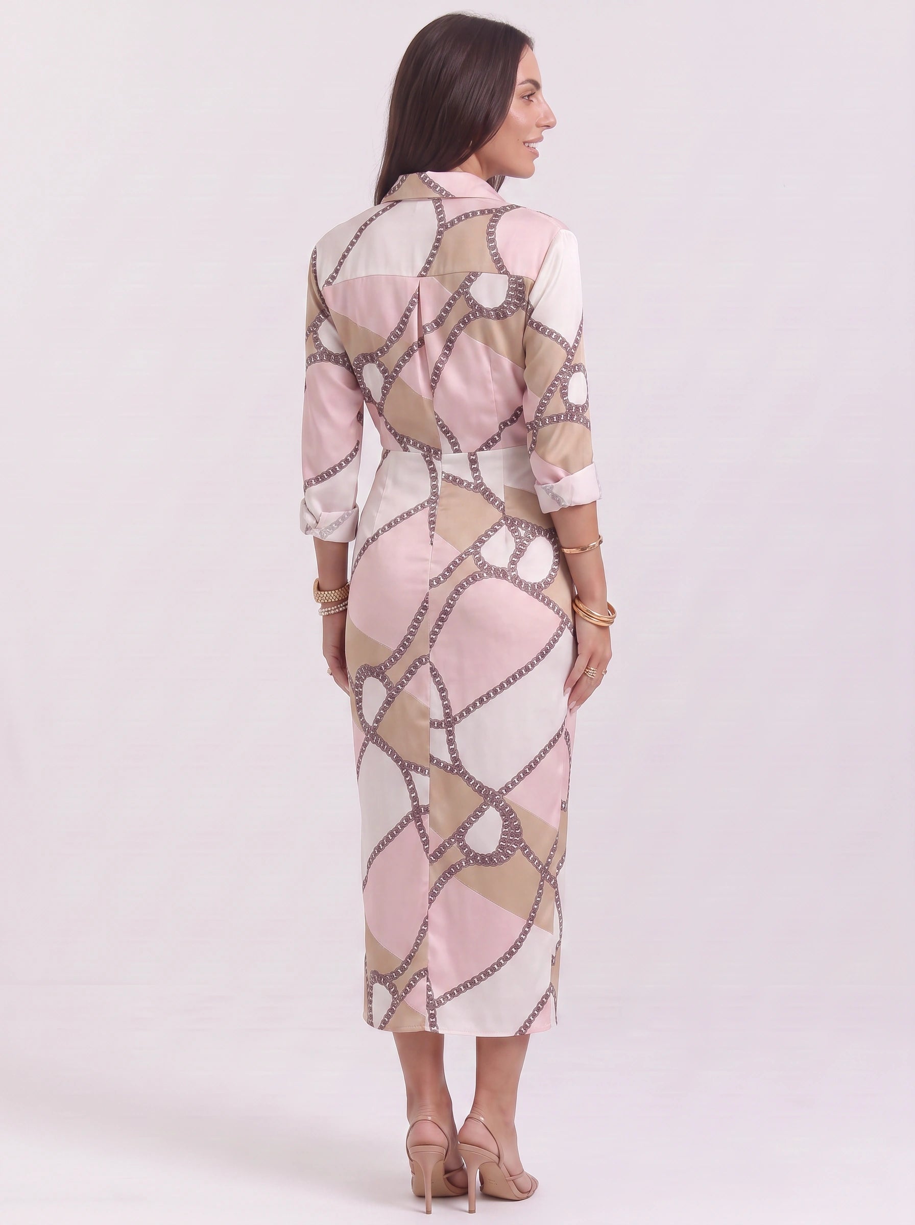 Cadenara Chain Print Wrap Midi Dress – Collared V-Neck Women Summer Vacation Shirt Dress Ladies Casual Midi