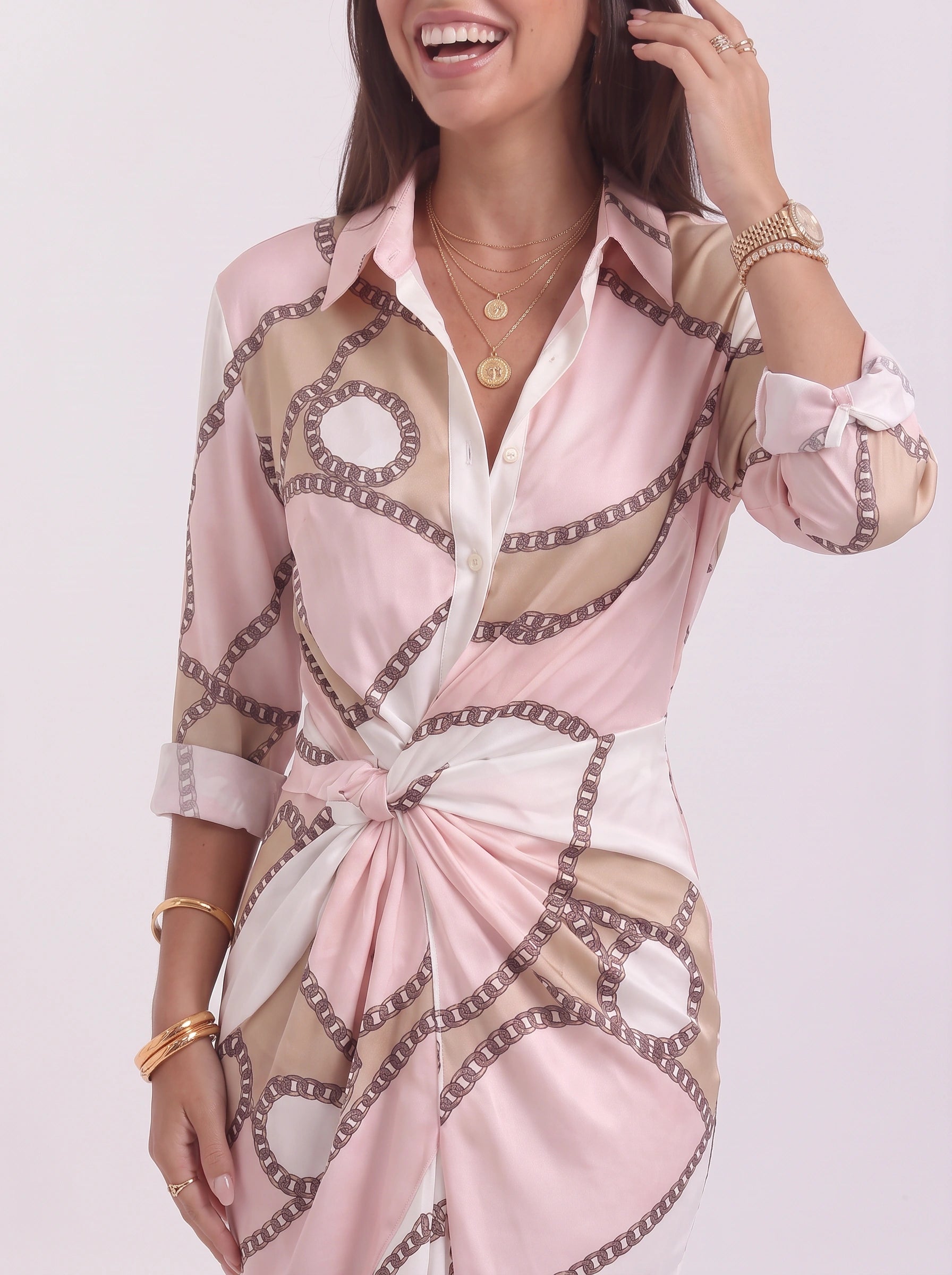 Cadenara Chain Print Wrap Midi Dress – Collared V-Neck Women Summer Vacation Shirt Dress Ladies Casual Midi