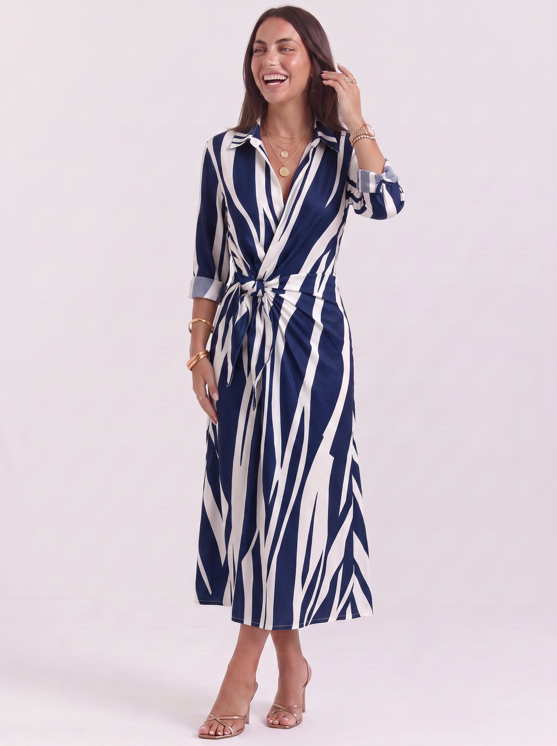 Cadenara Chain Print Wrap Midi Dress – Collared V-Neck Women Summer Vacation Shirt Dress Ladies Casual Midi