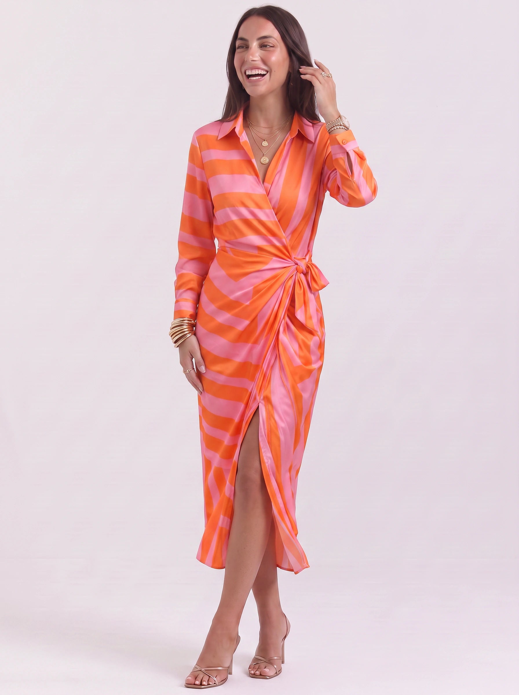 Cadenara Chain Print Wrap Midi Dress – Collared V-Neck Women Summer Vacation Shirt Dress Ladies Casual Midi