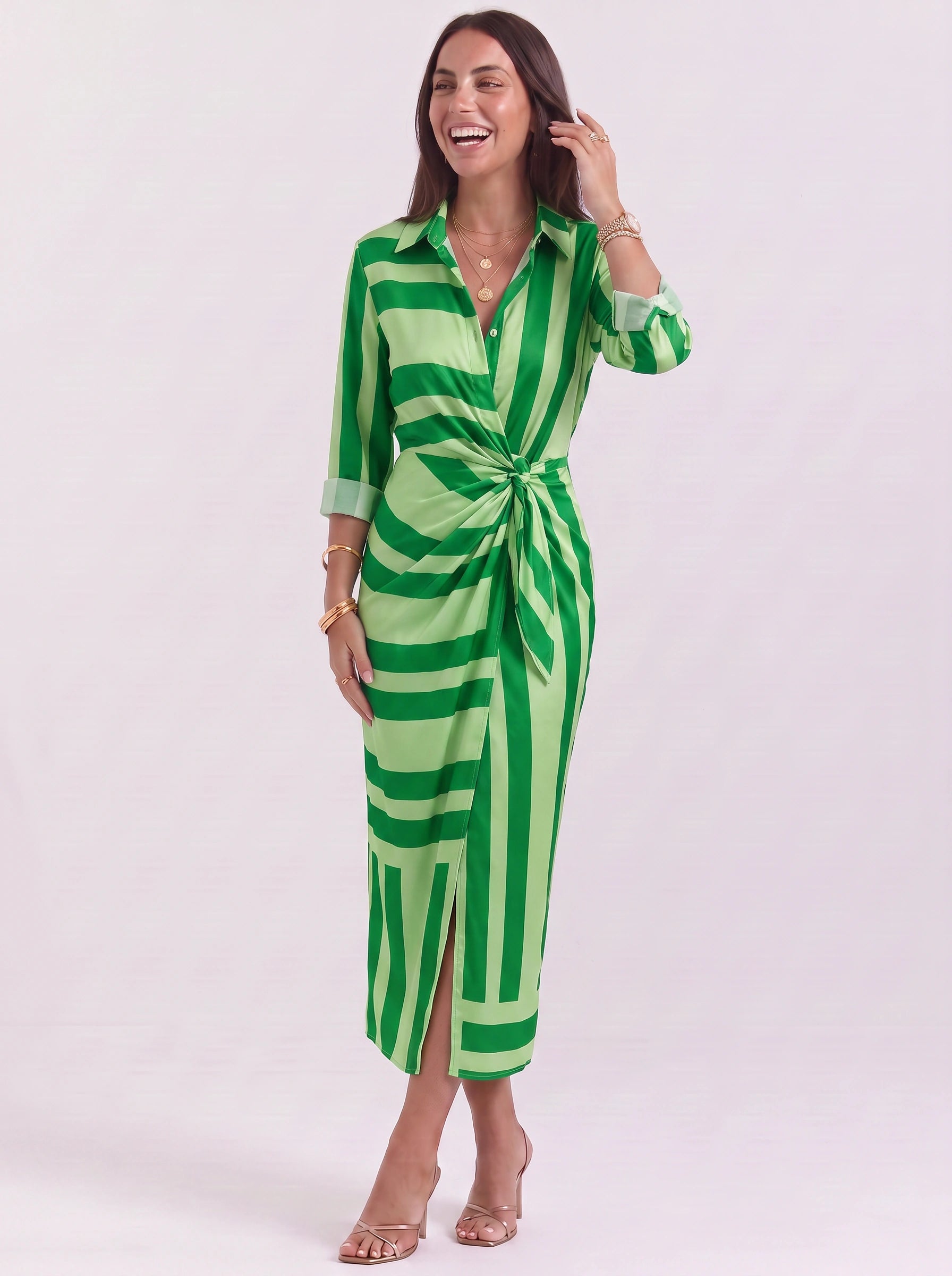 Cadenara Chain Print Wrap Midi Dress – Collared V-Neck Women Summer Vacation Shirt Dress Ladies Casual Midi