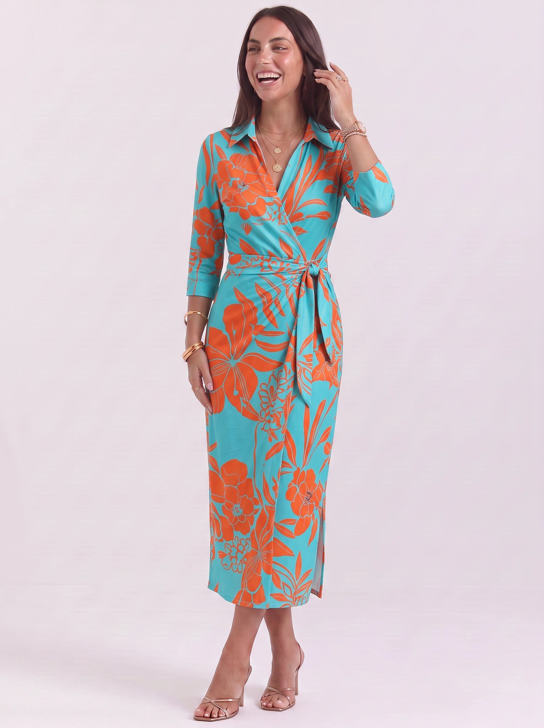 Cadenara Chain Print Wrap Midi Dress – Collared V-Neck Women Summer Vacation Shirt Dress Ladies Casual Midi