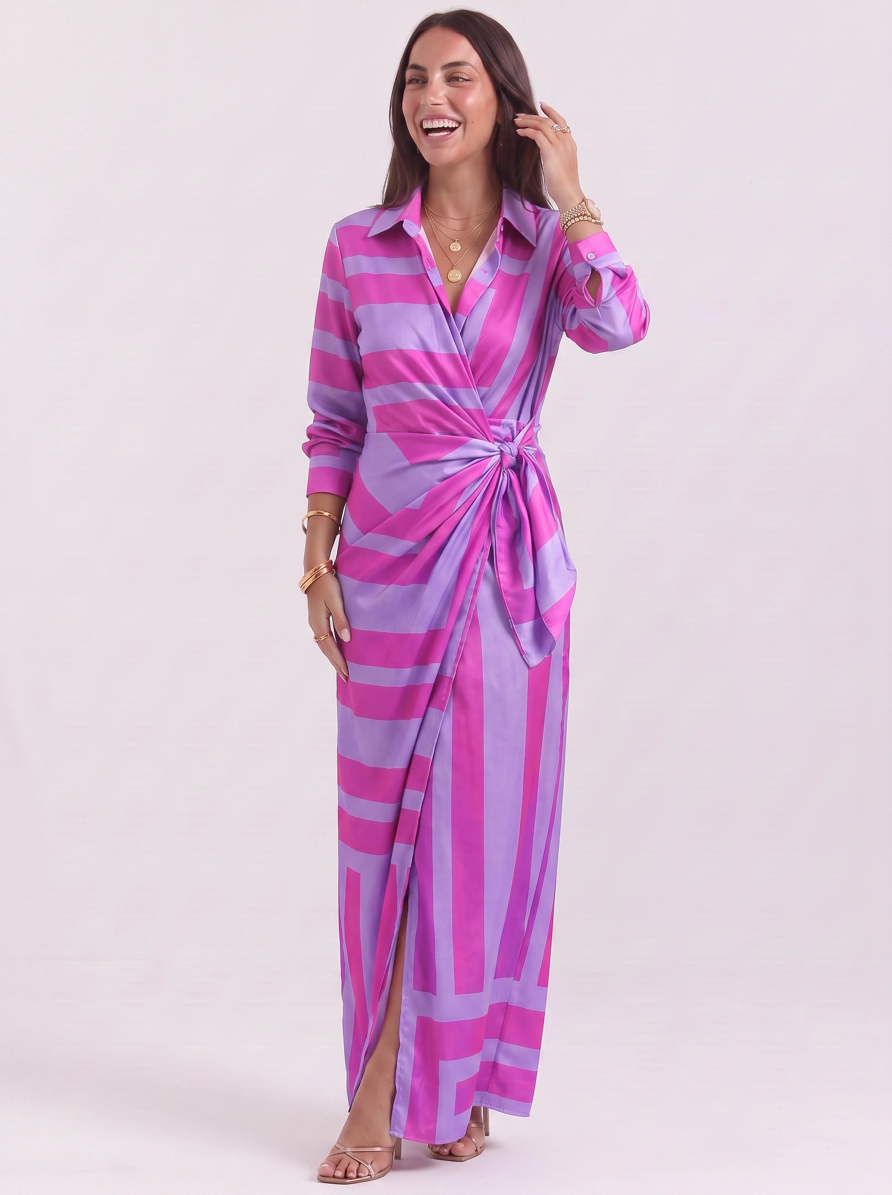 Cadenara Chain Print Wrap Midi Dress – Collared V-Neck Women Summer Vacation Shirt Dress Ladies Casual Midi