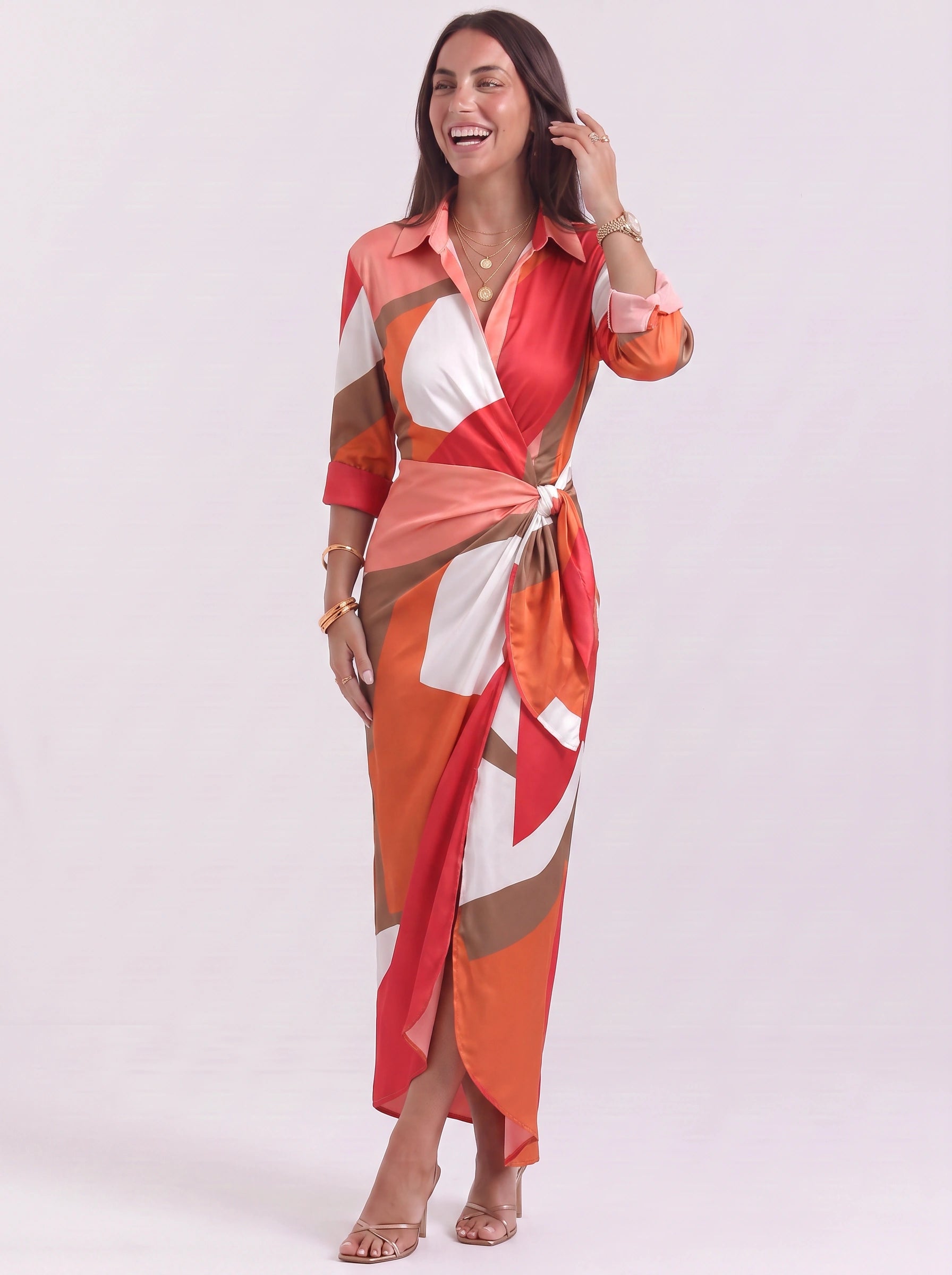 Cadenara Chain Print Wrap Midi Dress – Collared V-Neck Women Summer Vacation Shirt Dress Ladies Casual Midi