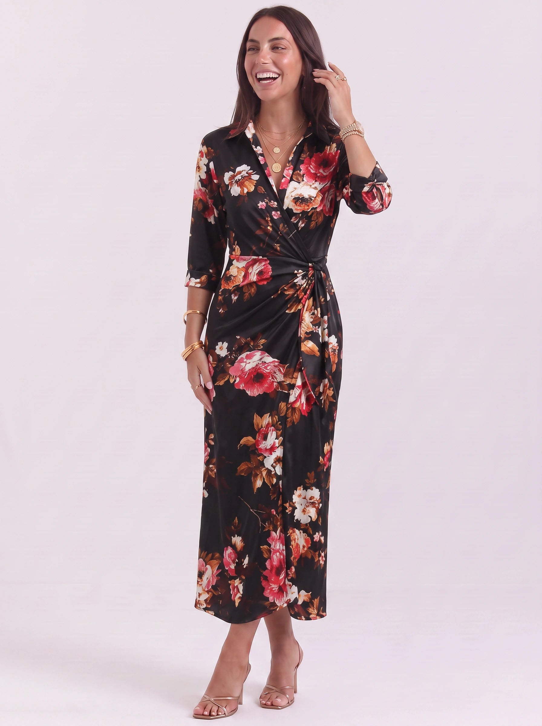 Cadenara Chain Print Wrap Midi Dress – Collared V-Neck Women Summer Vacation Shirt Dress Ladies Casual Midi