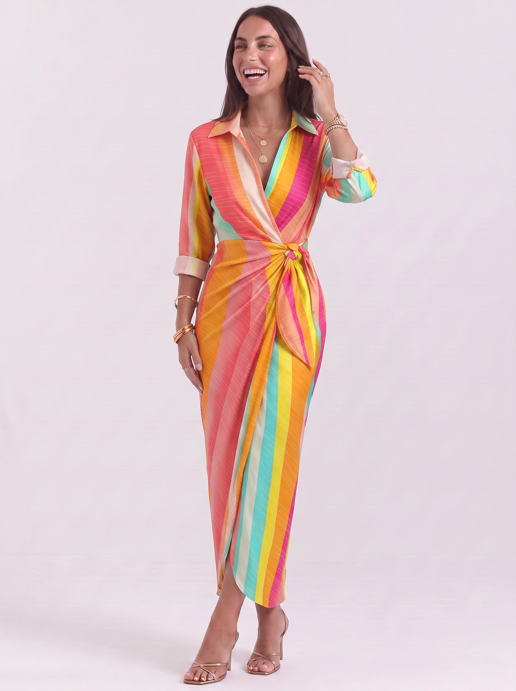 Cadenara Chain Print Wrap Midi Dress – Collared V-Neck Women Summer Vacation Shirt Dress Ladies Casual Midi