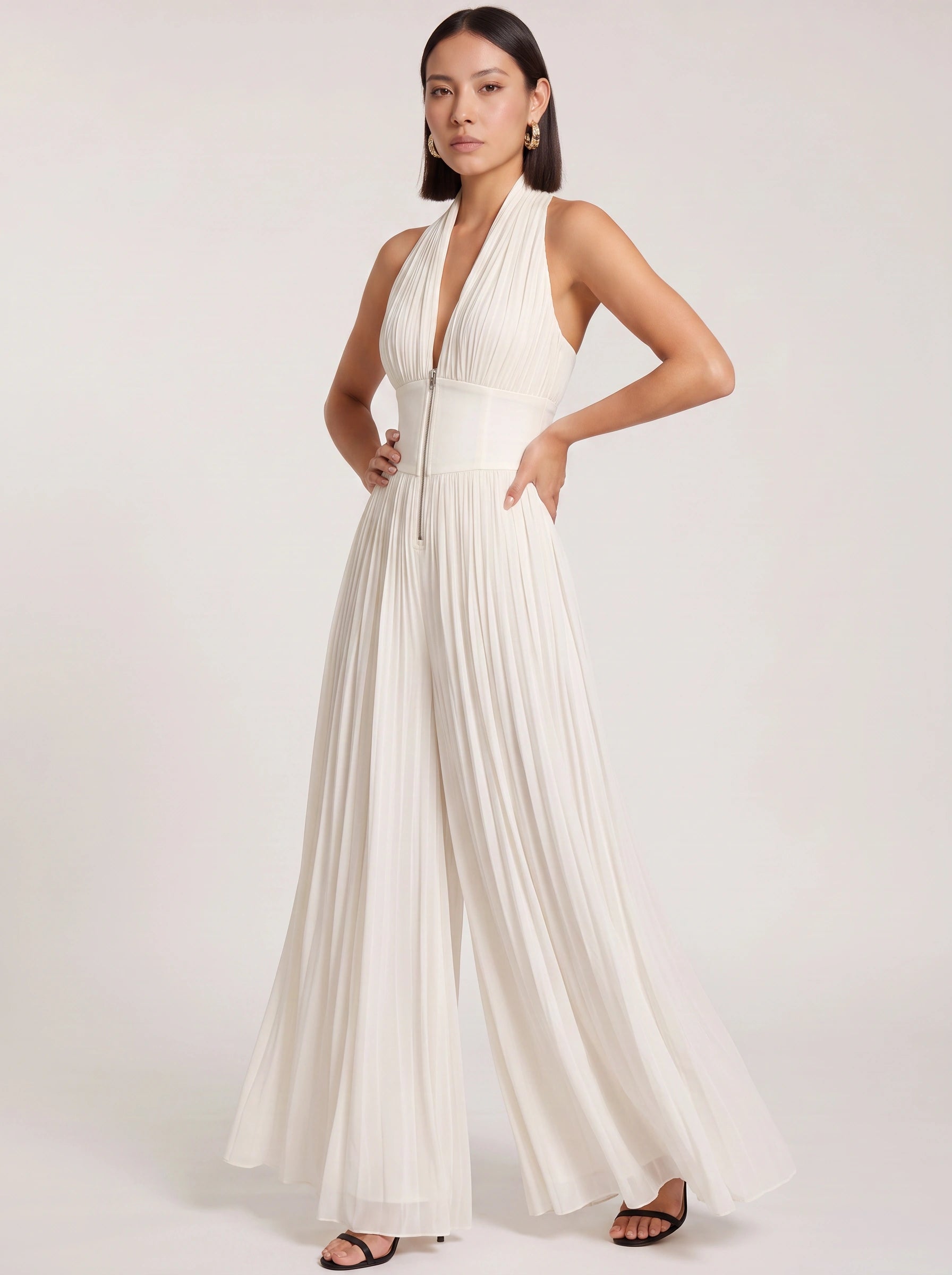 Solene Pleated Halter Wide-Leg Jumpsuit – Formal Wear Women Evening Wedding Guest Elegant Long Jumpsuit