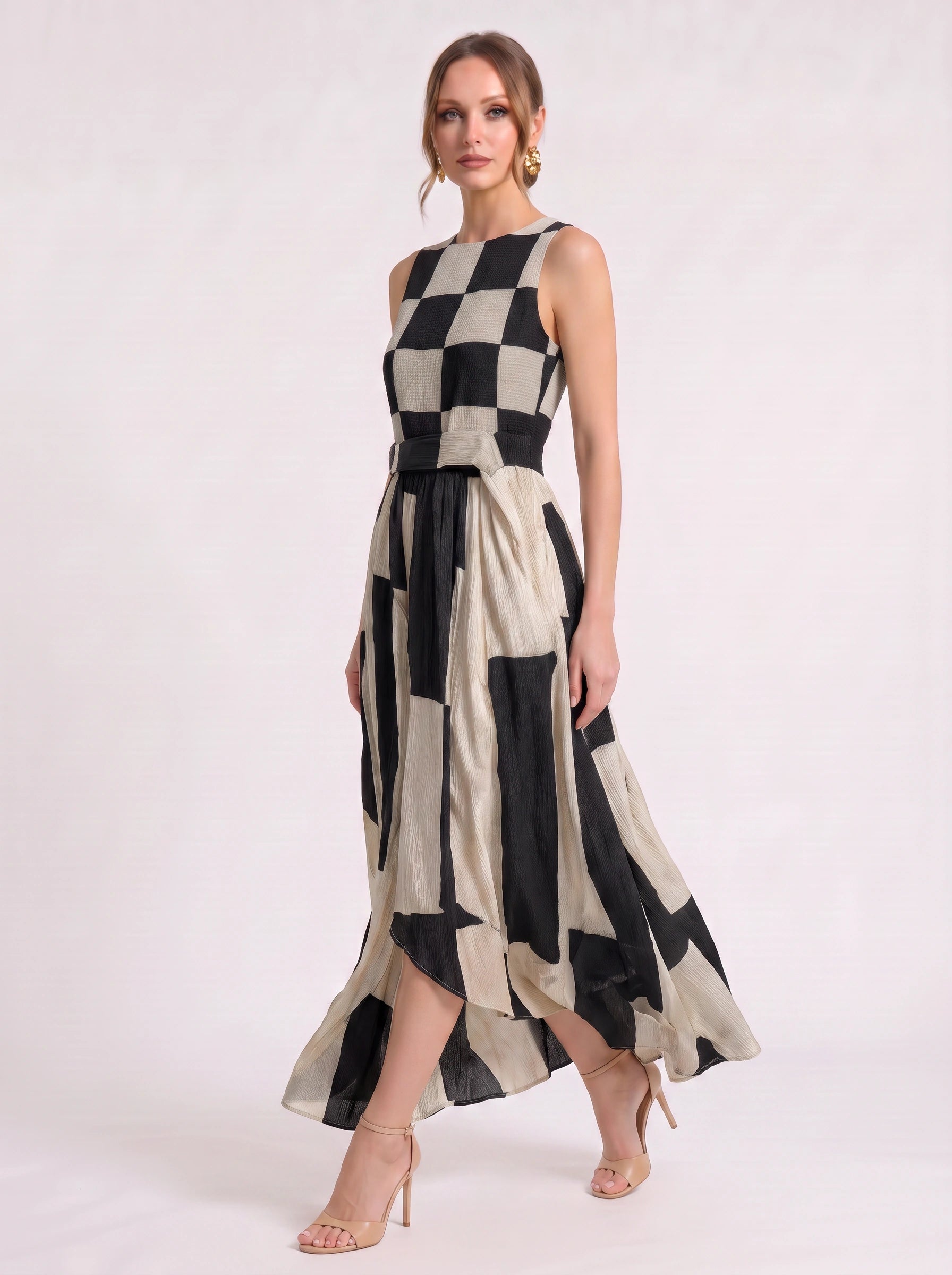 Scacchi Checkerboard Maxi Dress – Women Sleeveless Striped Resort Vacation Beach Boho Summer Maxi Dress