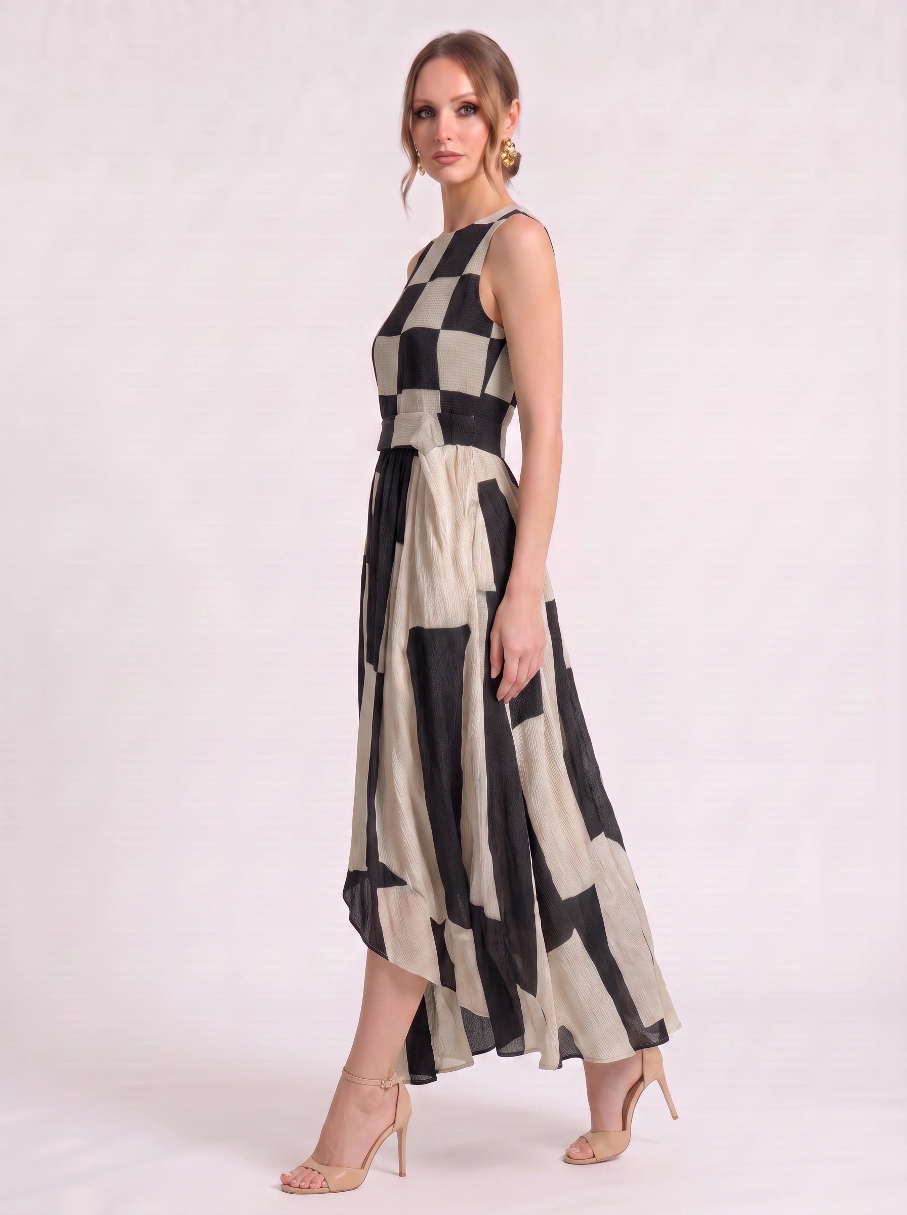 Scacchi Checkerboard Maxi Dress – Women Sleeveless Striped Resort Vacation Beach Boho Summer Maxi Dress