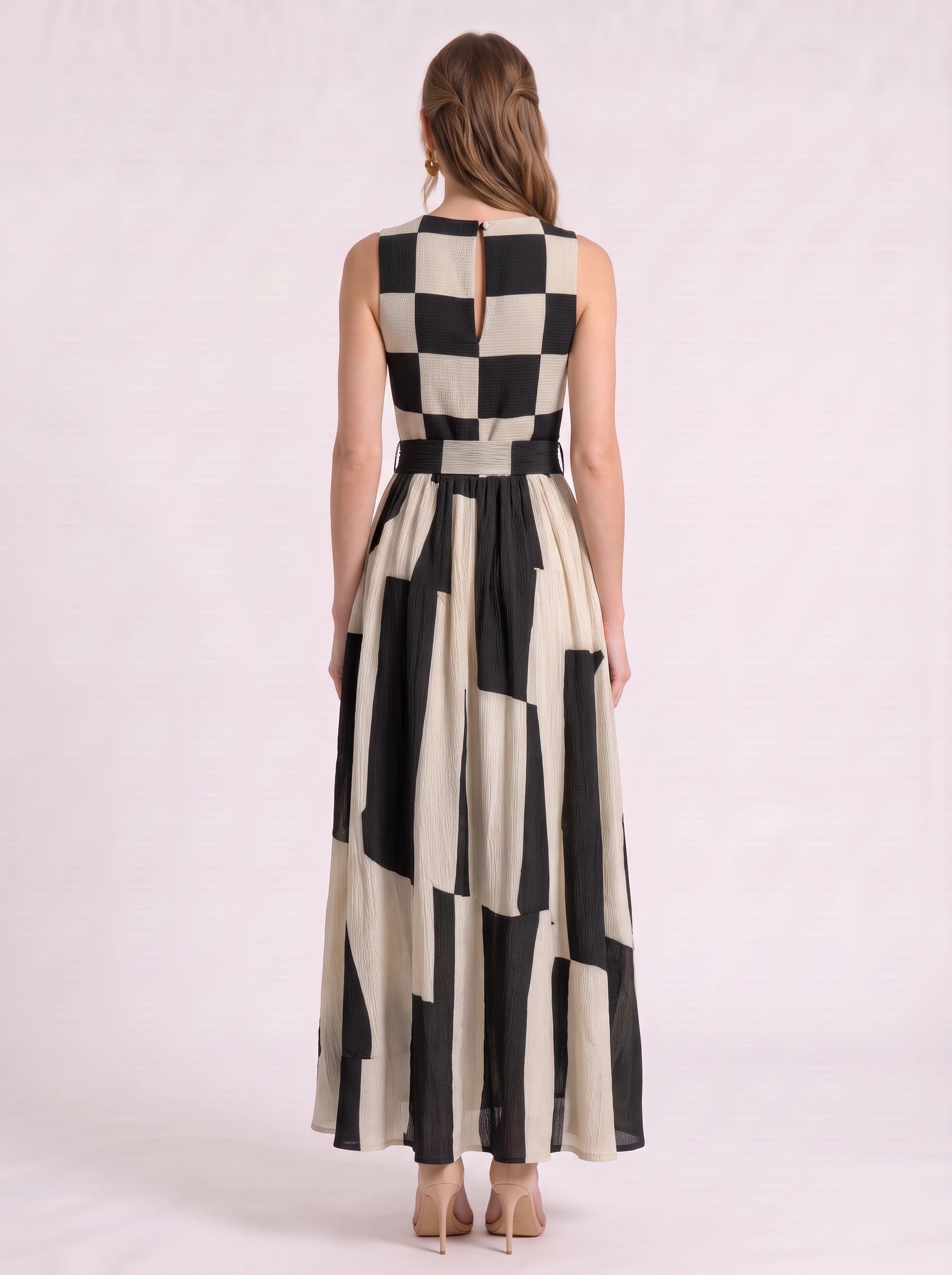 Scacchi Checkerboard Maxi Dress – Women Sleeveless Striped Resort Vacation Beach Boho Summer Maxi Dress