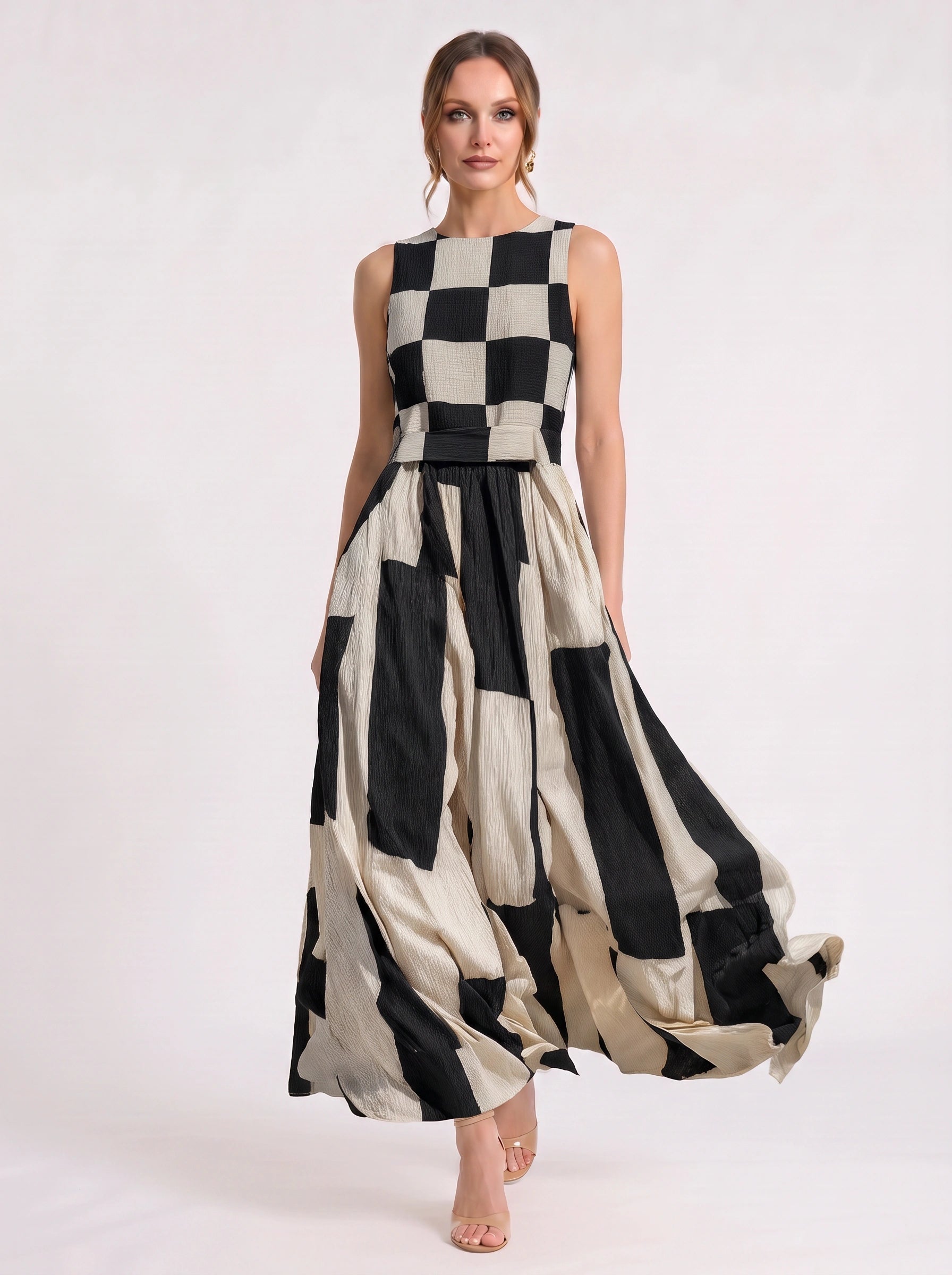 Scacchi Checkerboard Maxi Dress – Women Sleeveless Striped Resort Vacation Beach Boho Summer Maxi Dress