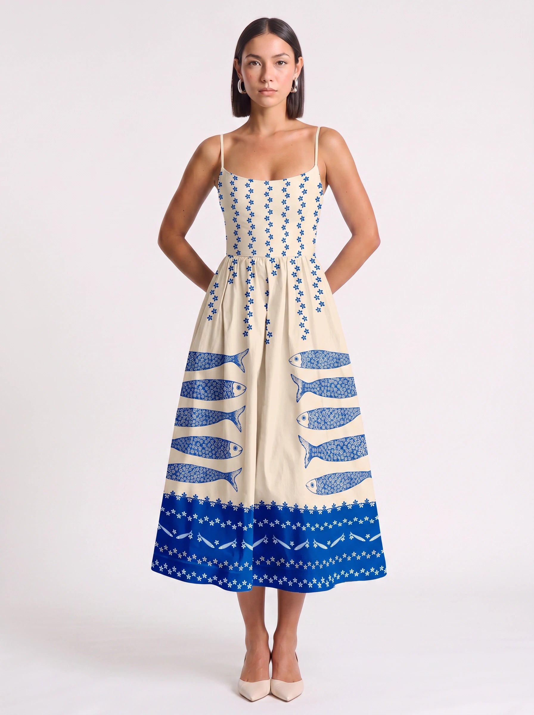 Maravista Fish Print Cami Midi Dress – Sundress Women Beach Vacation Resort Wear Ladies Midi Sundress