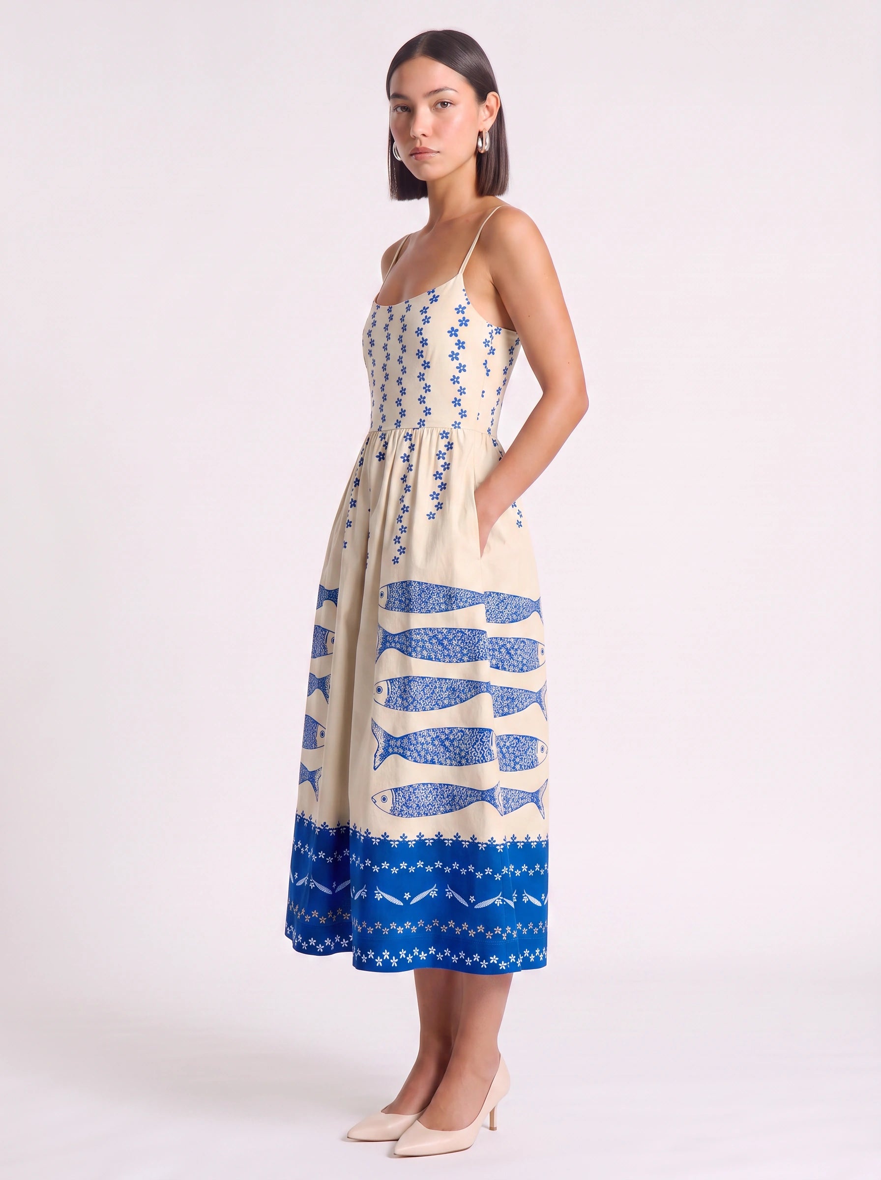 Maravista Fish Print Cami Midi Dress – Sundress Women Beach Vacation Resort Wear Ladies Midi Sundress