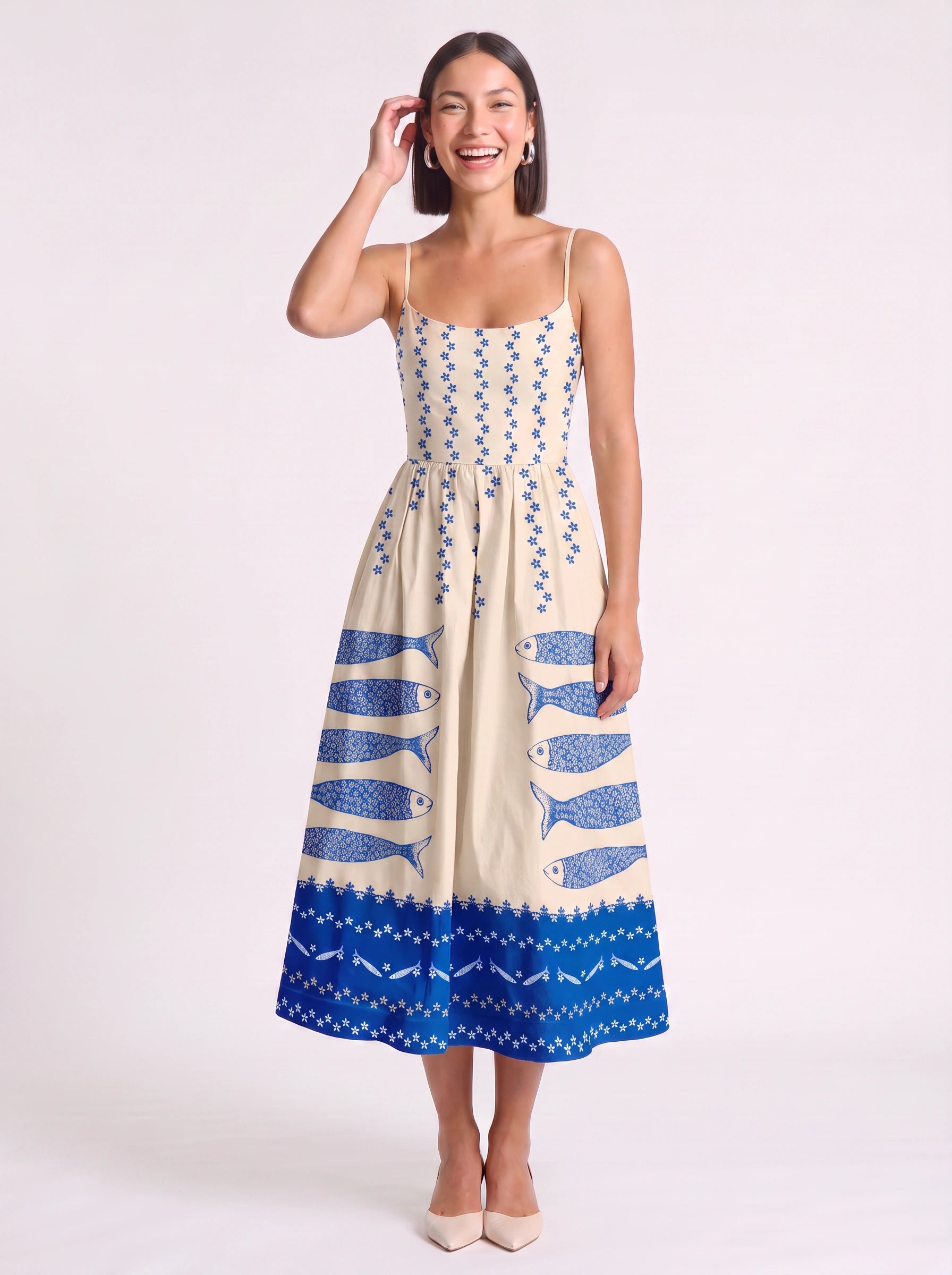 Maravista Fish Print Cami Midi Dress – Sundress Women Beach Vacation Resort Wear Ladies Midi Sundress