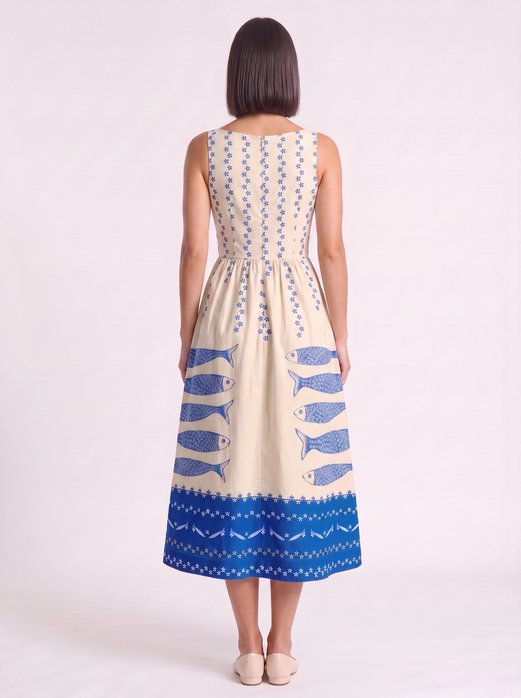 Maravista Fish Print Cami Midi Dress – Sundress Women Beach Vacation Resort Wear Ladies Midi Sundress