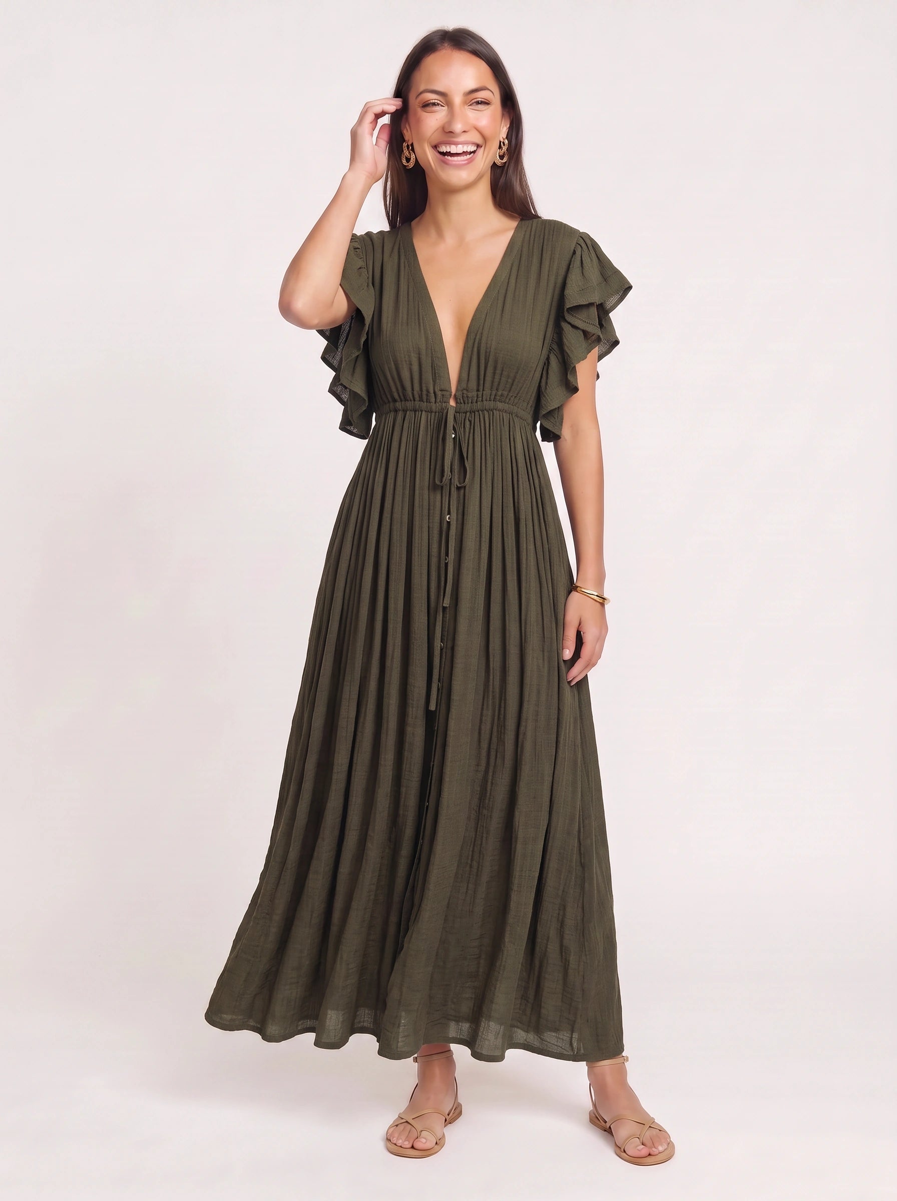 Oliveflow Plunge Neck Maxi Dress – Boho Summer Women Sundress Casual Beach Vacation Flutter Sleeve Maxi Dress