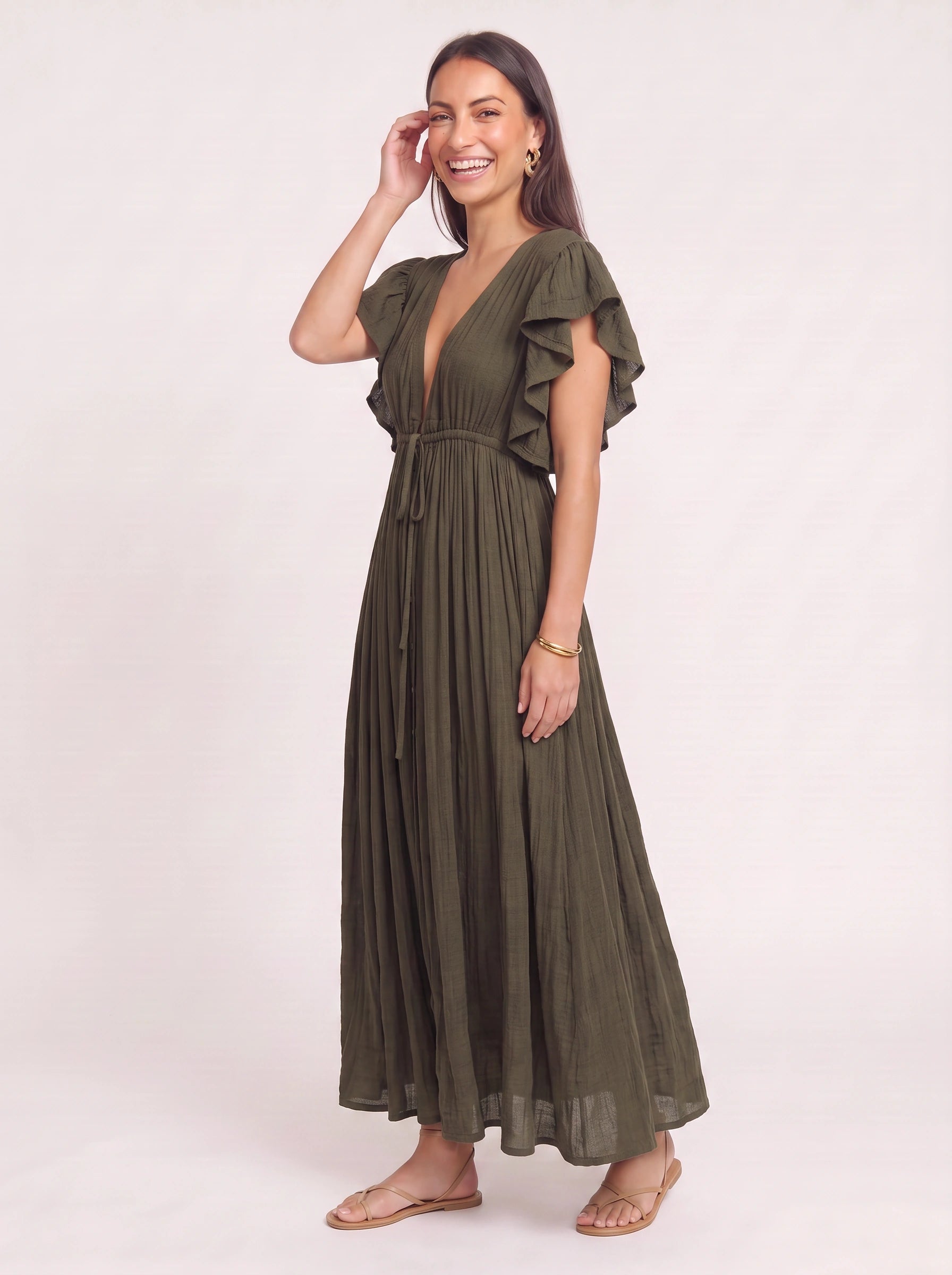 Oliveflow Plunge Neck Maxi Dress – Boho Summer Women Sundress Casual Beach Vacation Flutter Sleeve Maxi Dress