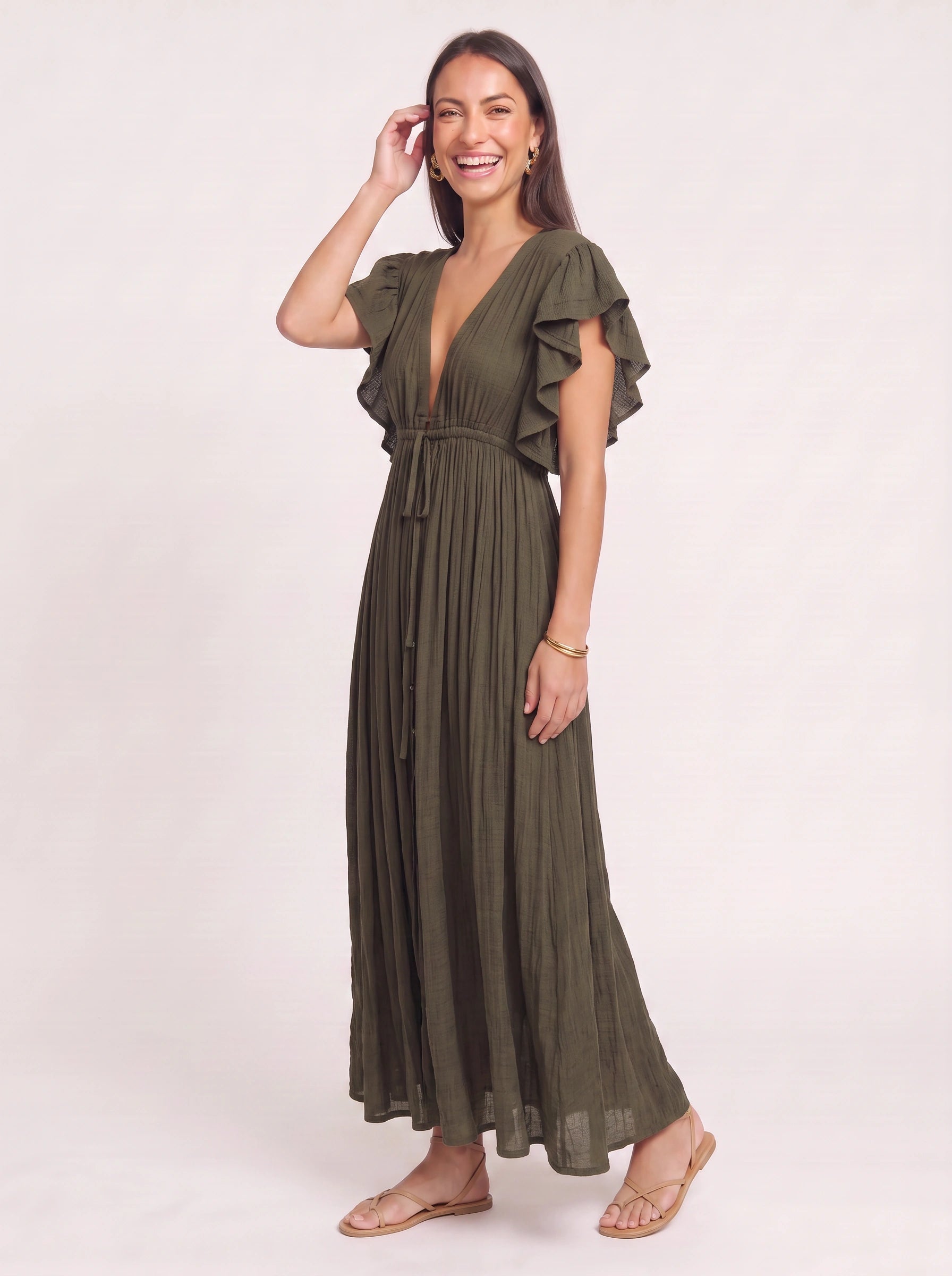 Oliveflow Plunge Neck Maxi Dress – Boho Summer Women Sundress Casual Beach Vacation Flutter Sleeve Maxi Dress