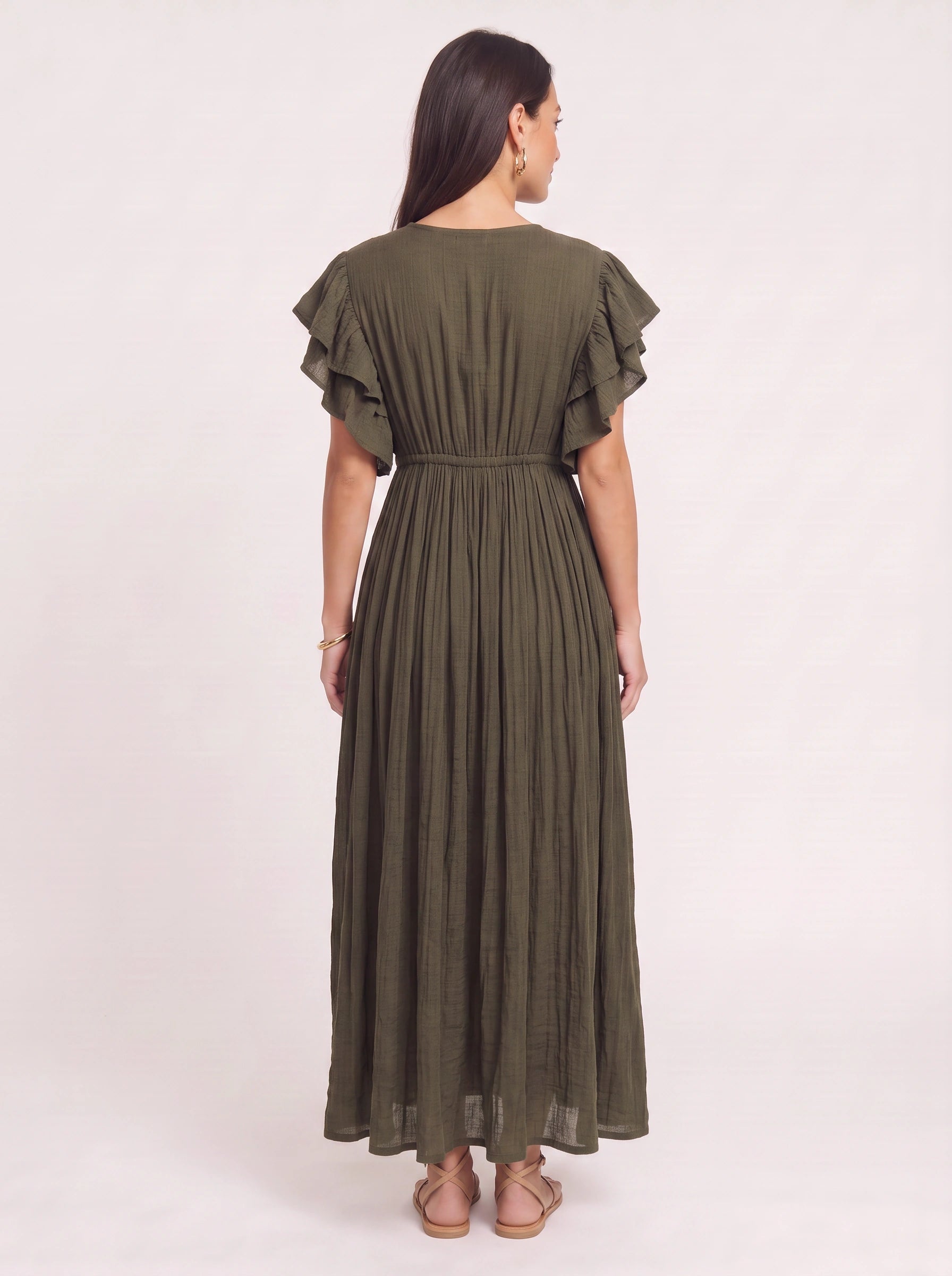 Oliveflow Plunge Neck Maxi Dress – Boho Summer Women Sundress Casual Beach Vacation Flutter Sleeve Maxi Dress