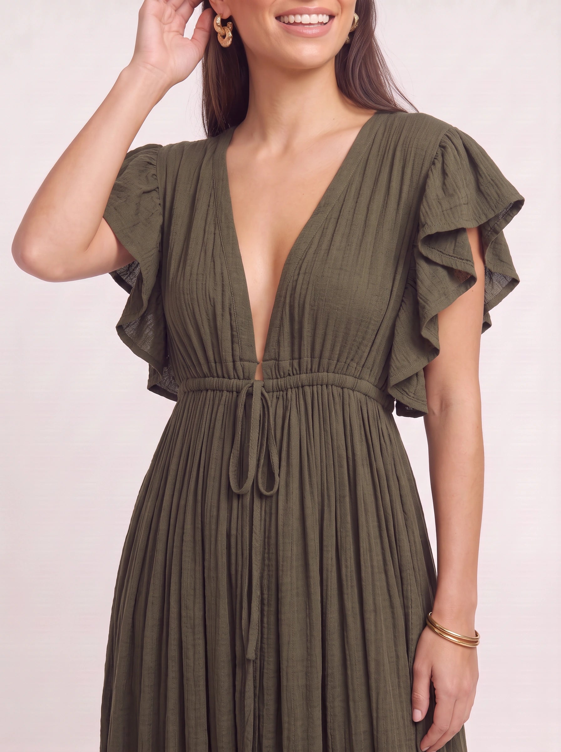 Oliveflow Plunge Neck Maxi Dress – Boho Summer Women Sundress Casual Beach Vacation Flutter Sleeve Maxi Dress