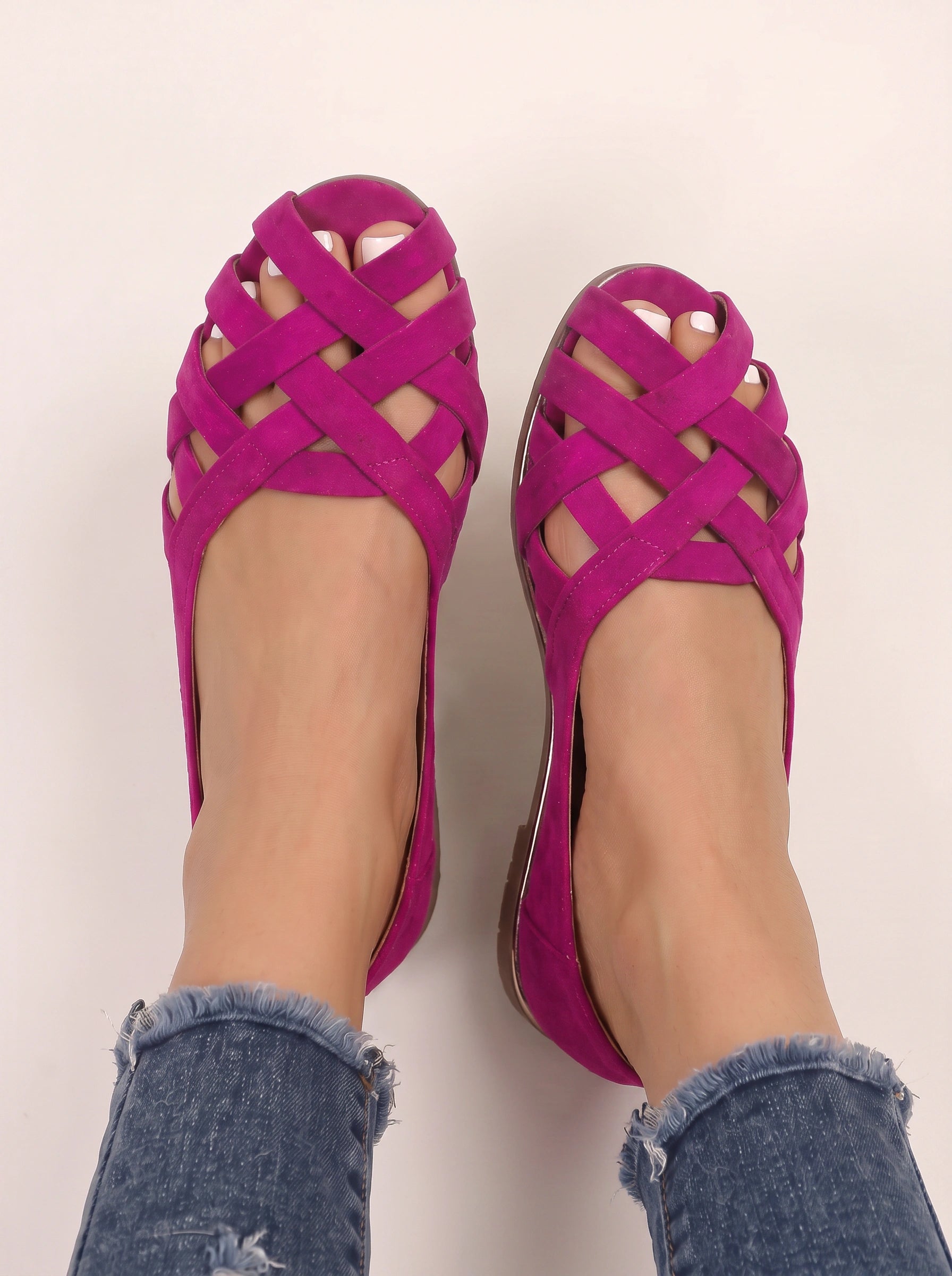 Valerie Woven Suede Peep Toe Flats – Women Slip On Sandals Summer Casual Basket Weave Cutout Ballet Flats