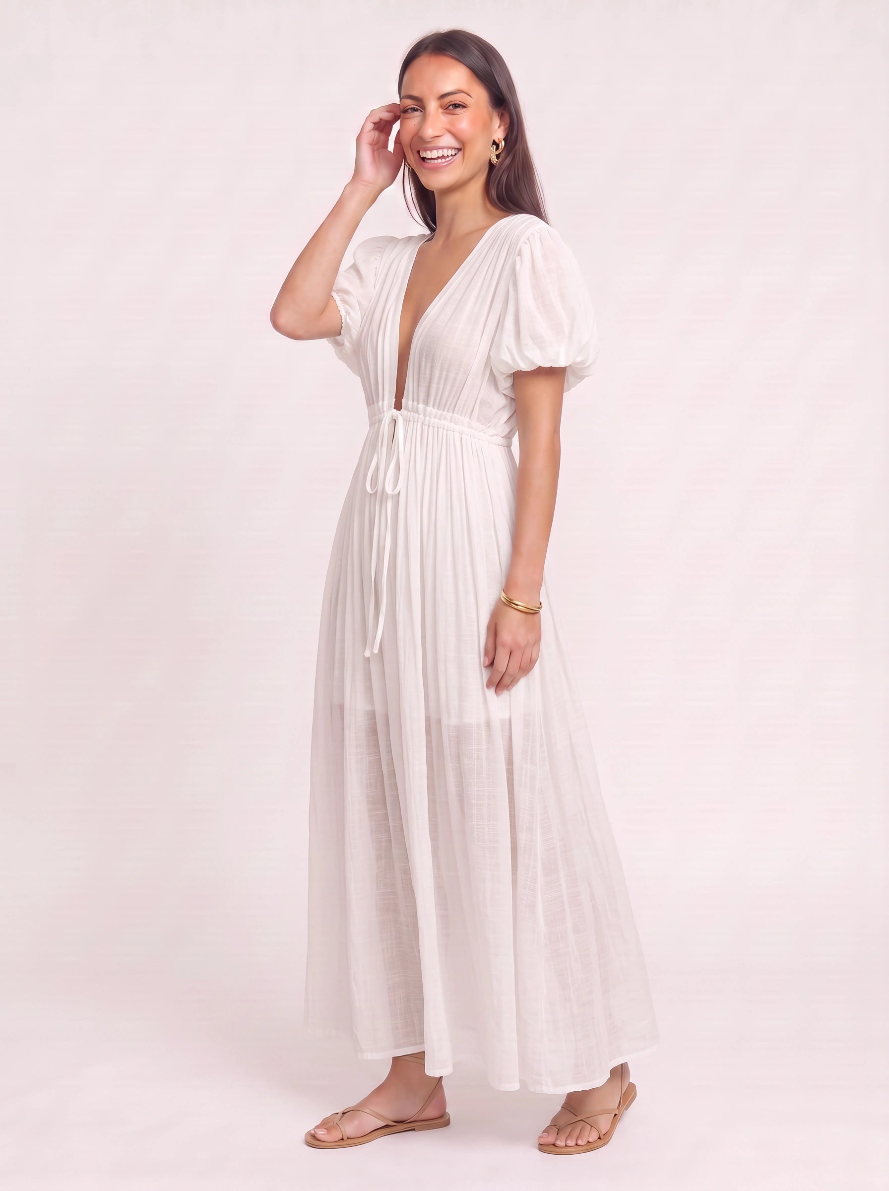 Oliveflow Plunge Neck Maxi Dress – Boho Summer Women Sundress Casual Beach Vacation Flutter Sleeve Maxi Dress