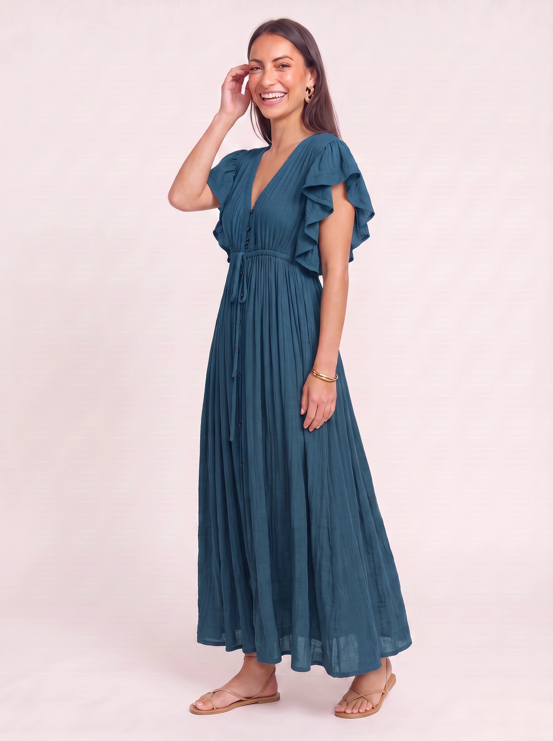 Oliveflow Plunge Neck Maxi Dress – Boho Summer Women Sundress Casual Beach Vacation Flutter Sleeve Maxi Dress