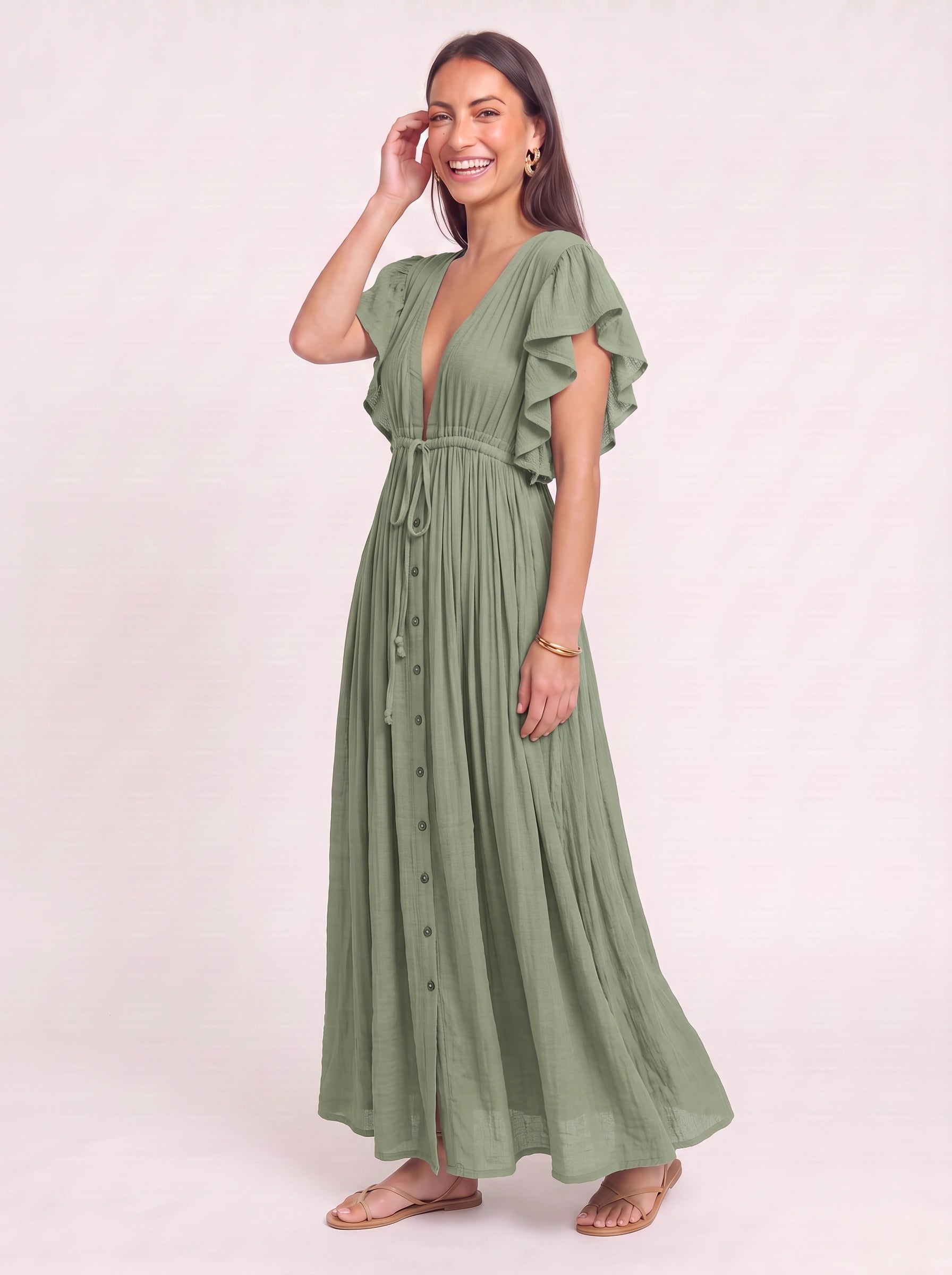 Oliveflow Plunge Neck Maxi Dress – Boho Summer Women Sundress Casual Beach Vacation Flutter Sleeve Maxi Dress