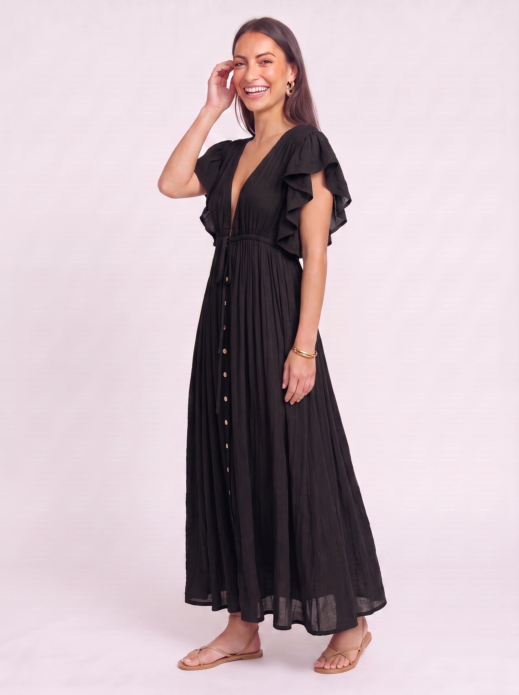 Oliveflow Plunge Neck Maxi Dress – Boho Summer Women Sundress Casual Beach Vacation Flutter Sleeve Maxi Dress